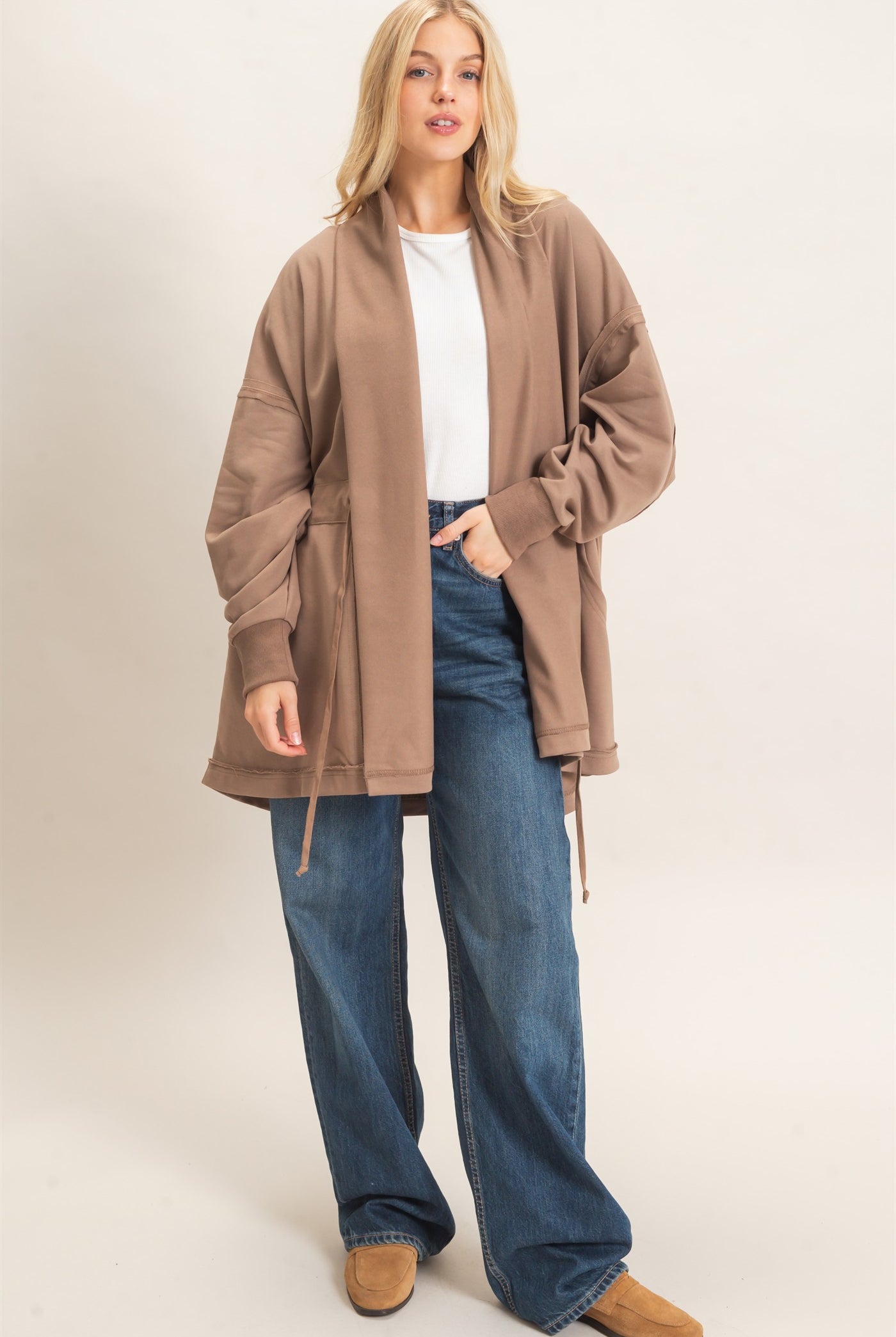 Wholesale Open Front Tie Waist Cardigan Cardigans HF26C778 MOCHA HYFVE