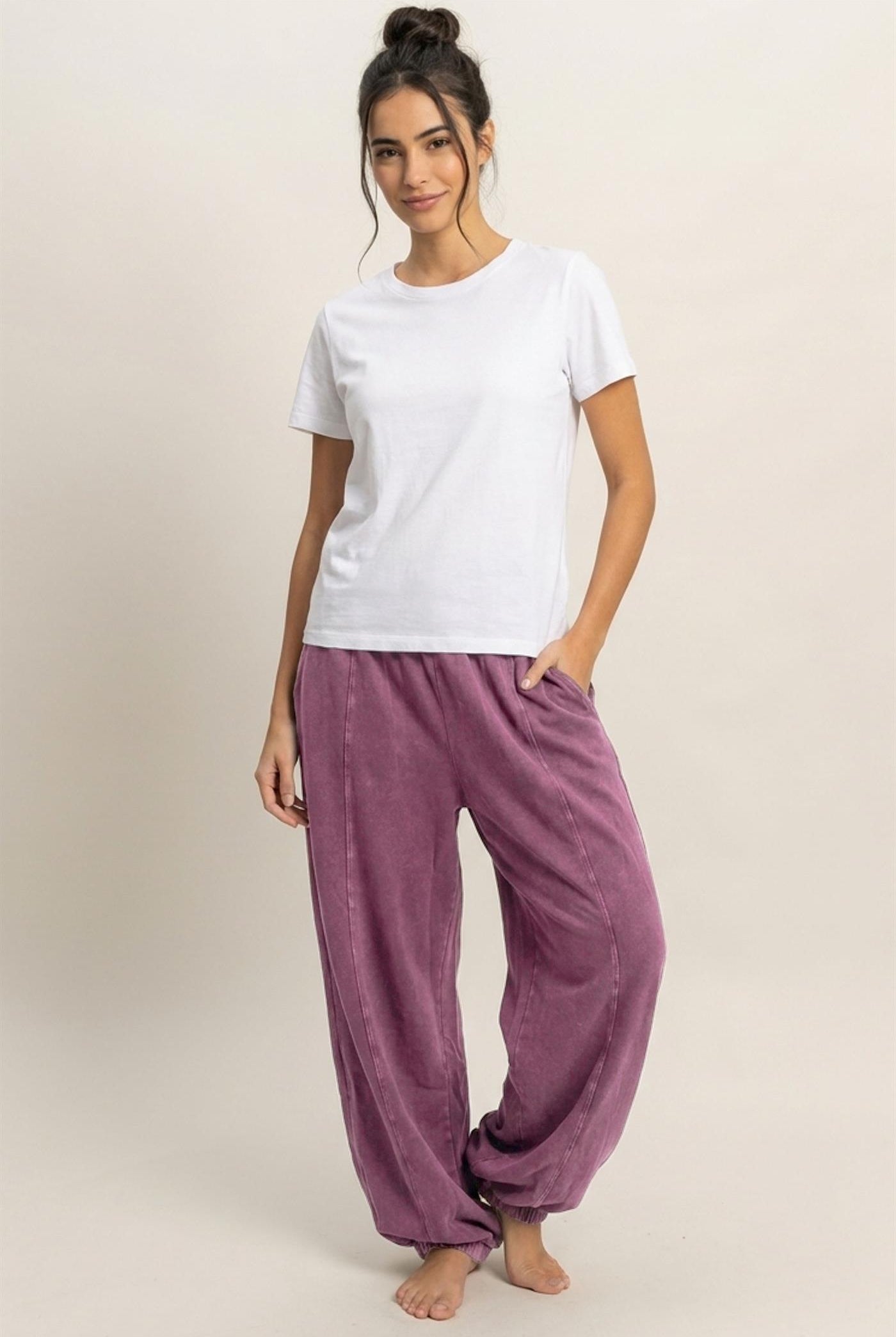 Wholesale Mineral Wash Elastic Waist Jogger Pants Joggers DZ26F405 DARK CHERRY DOUBLE ZERO