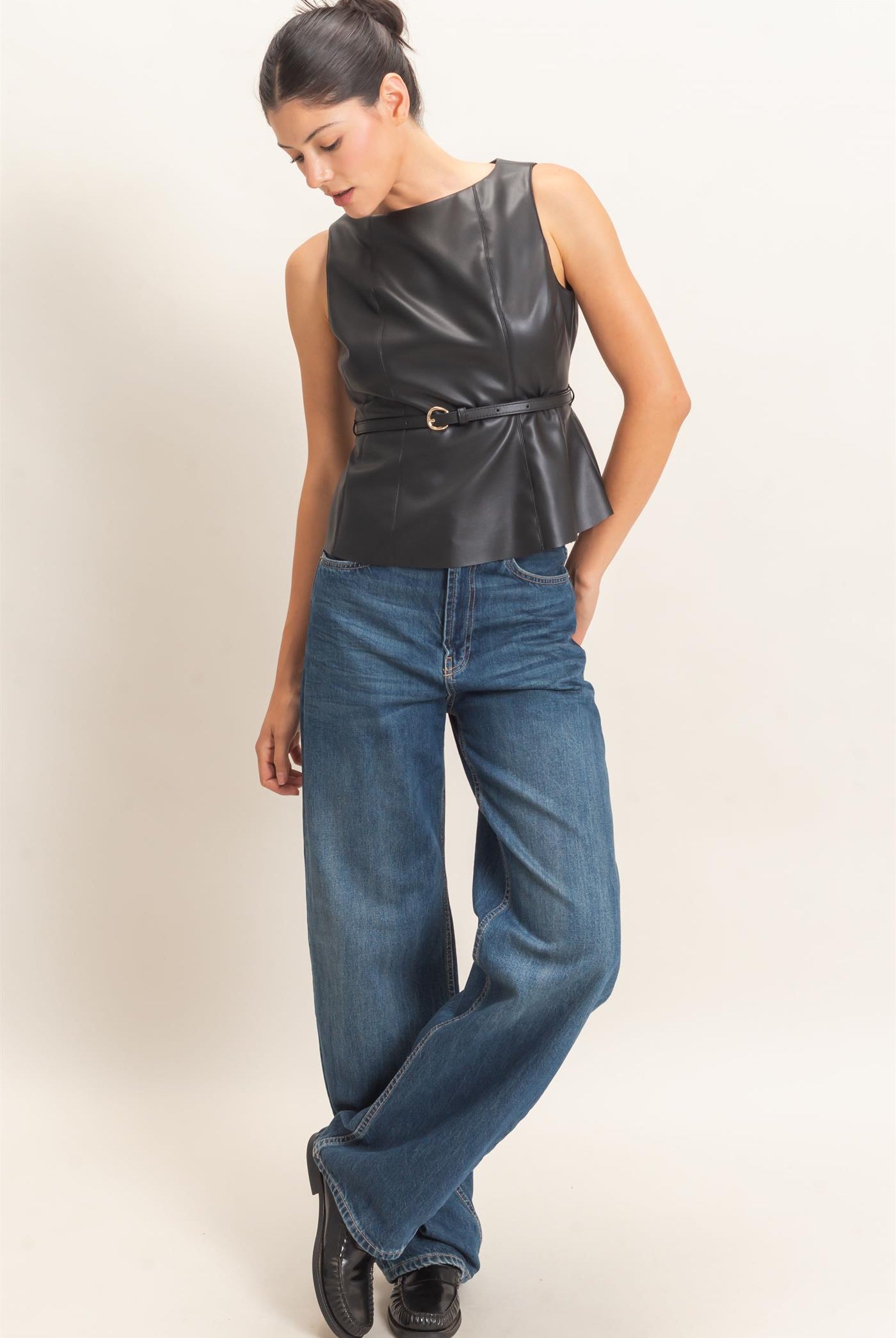 Wholesale Sleek Faux Leather Belted Top Clothing Tops HF26E543 BLACK HYFVE