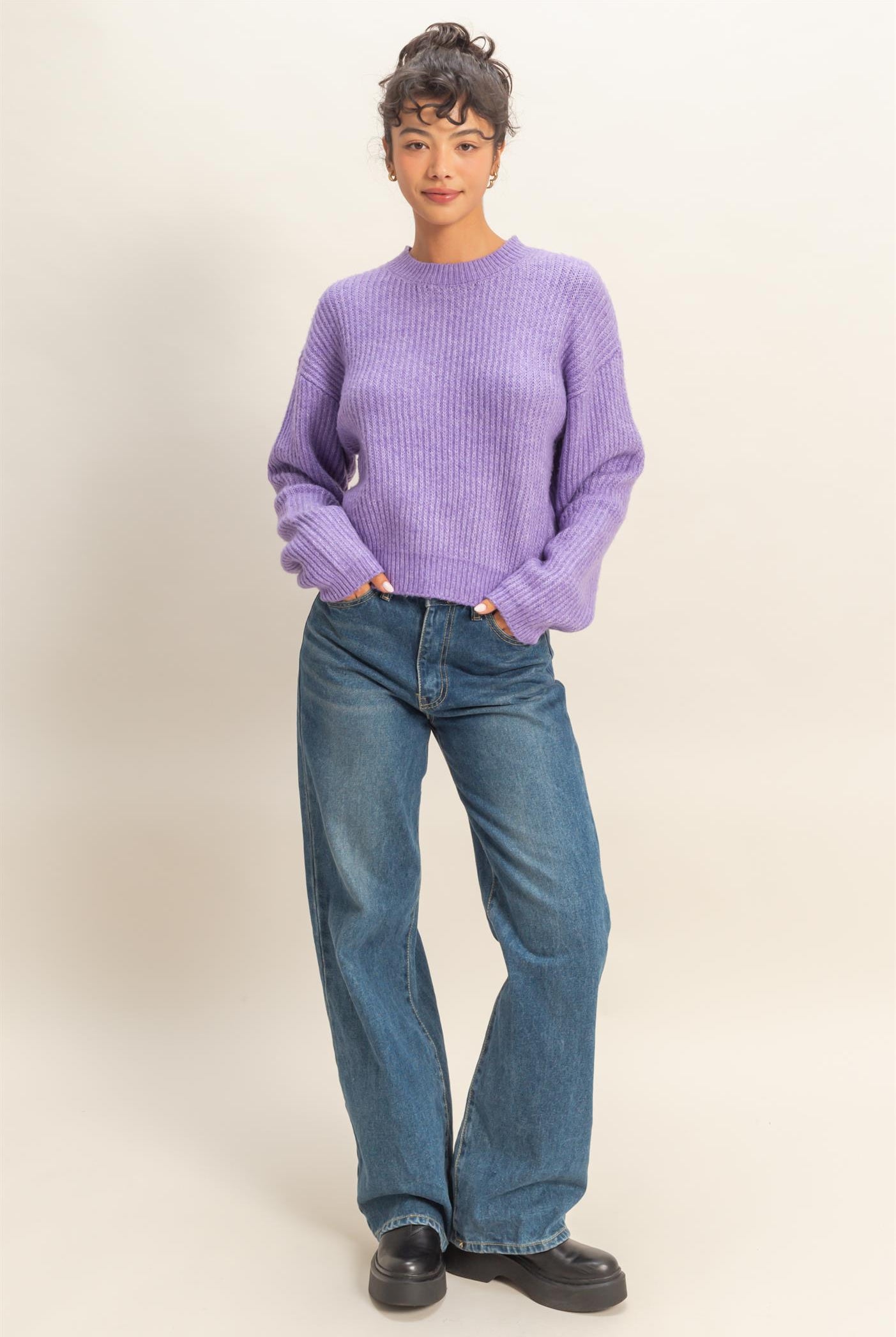Wholesale Ribbed Crew Neck Sweater Sweaters DZ25F006 IRIS PURPLE DOUBLE ZERO