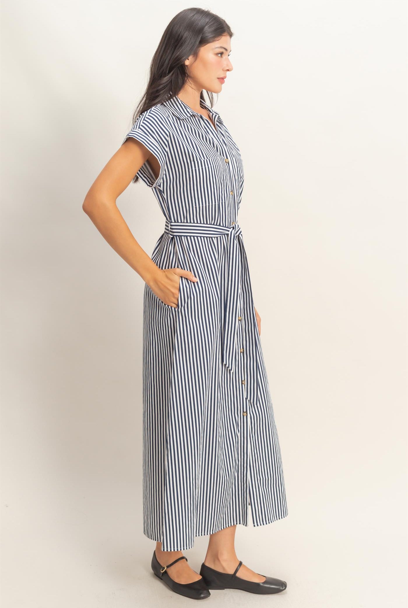 Wholesale Striped Poplin Belted Shirt Dress With Pockets Dresses DZ26C129 NAVY DOUBLE ZERO