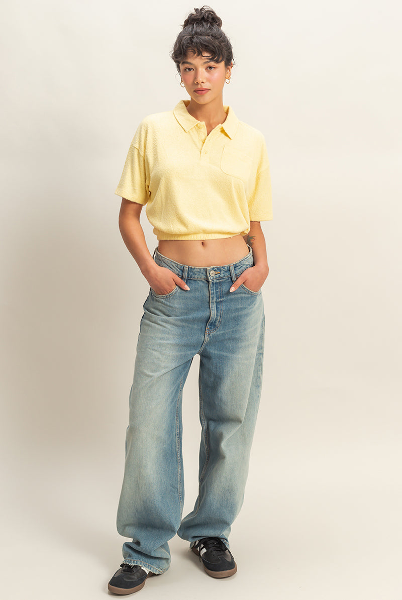 Wholesale Collared Short Sleeve Crop Top Clothing Tops DZ22A477 BUTTER DOUBLE ZERO