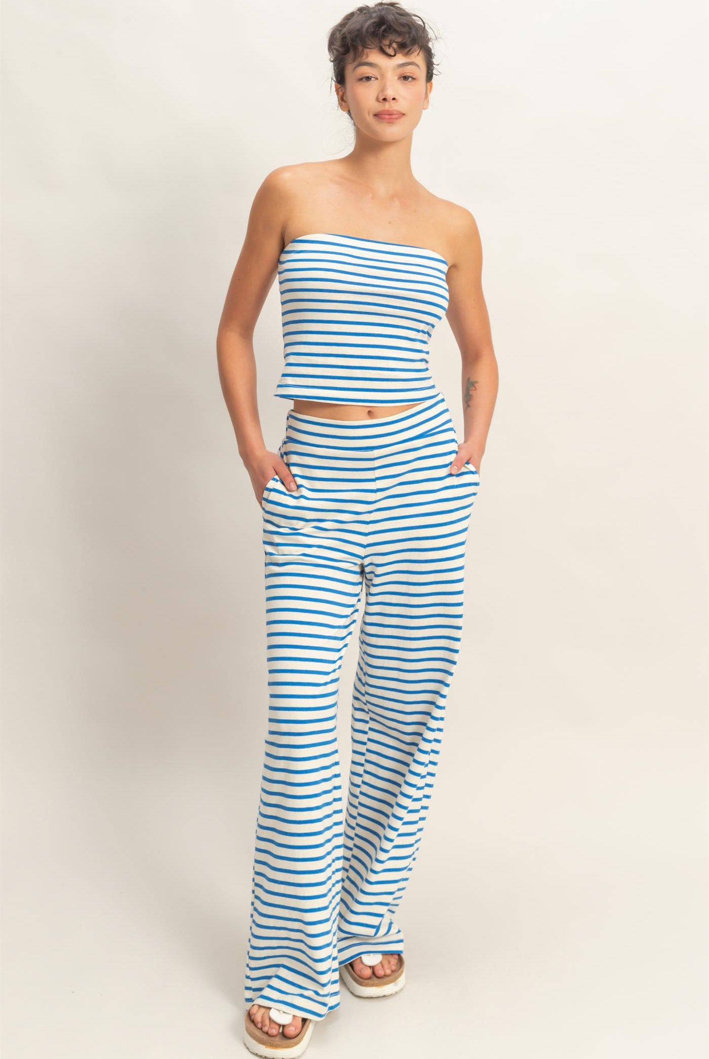 Wholesale Striped Jersey Tube Top And Pants Set Clothing DZ26C621-SET BLUE DOUBLE ZERO