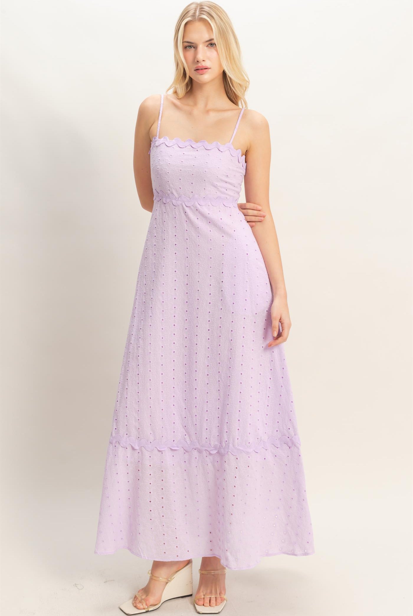 Wholesale Scallop Trim Eyelet Midi Dress Dresses HF26A694 LAVENDER HYFVE