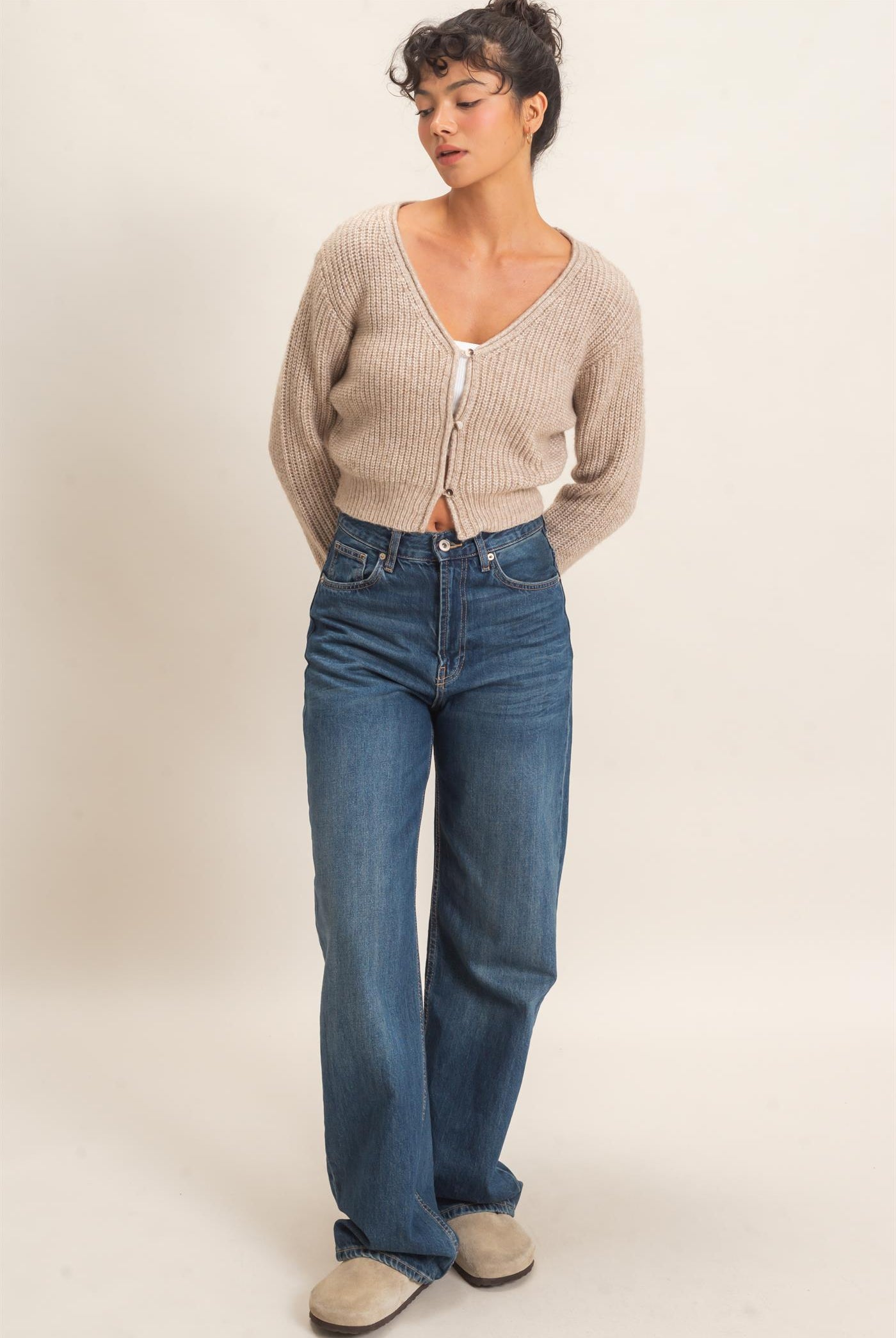 Wholesale V-Neck Ribbed Cardigan Cardigans DZ26E106 TAUPE DOUBLE ZERO