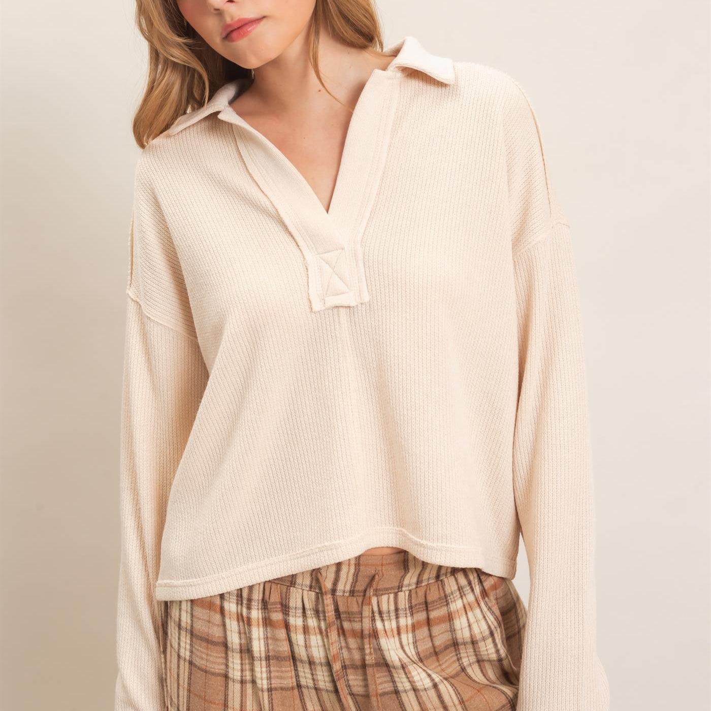 Wholesale Ribbed Collared Pullover Top Clothing Tops HF26E472 CREAM HYFVE