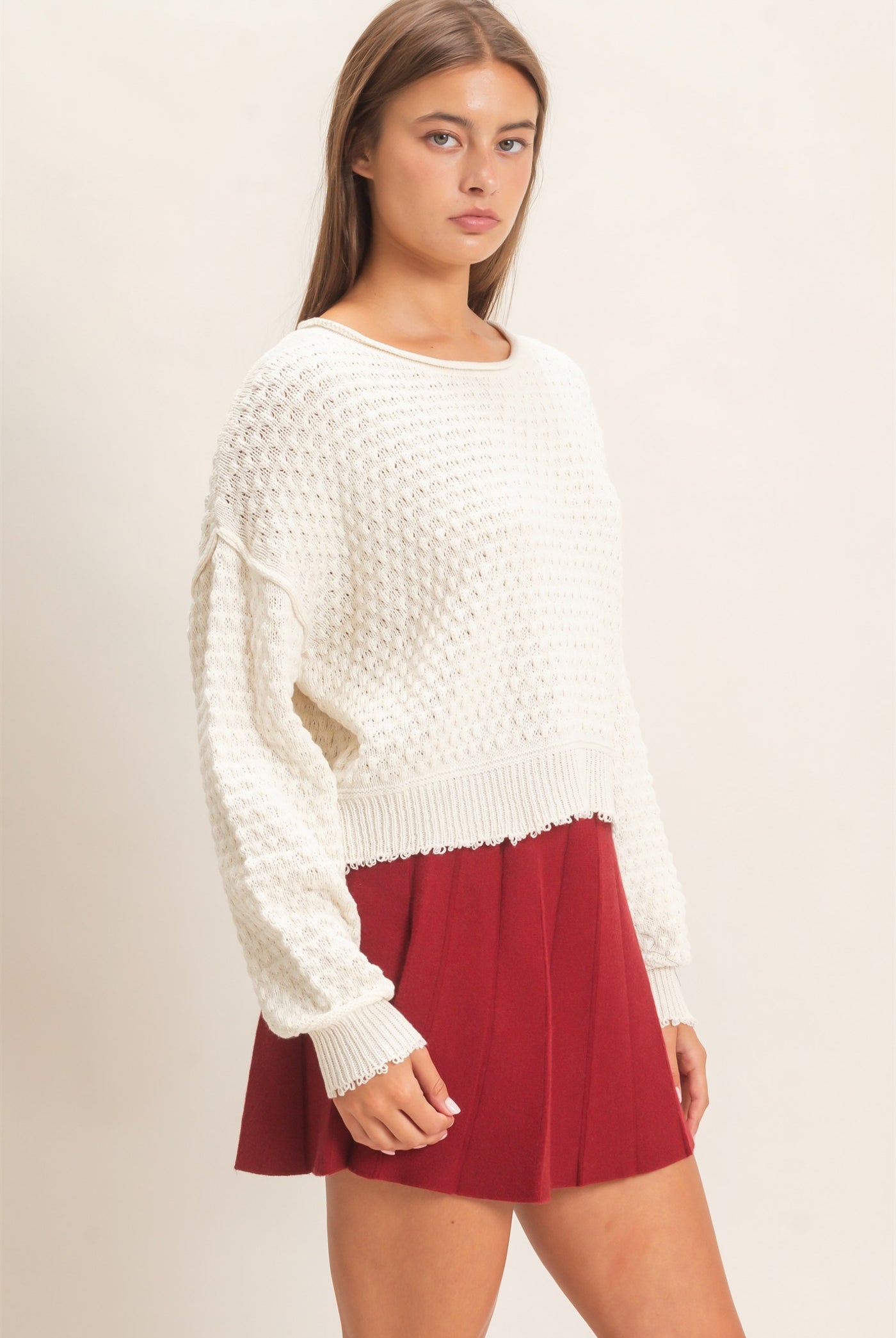 Wholesale Textured Boat Neck Sweater Sweaters DZ26E880 CREAM DOUBLE ZERO