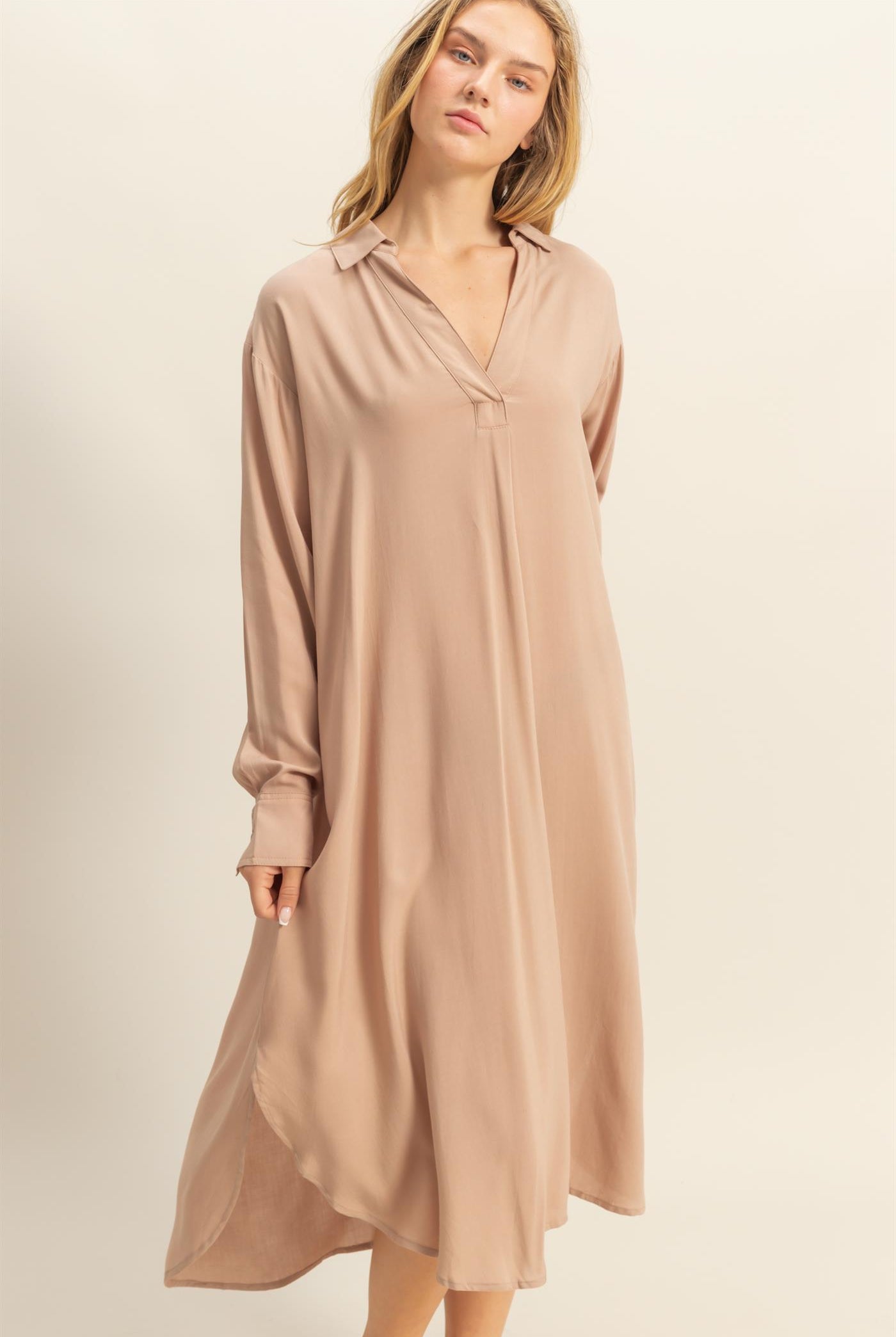 Wholesale V-Neck Long Sleeved Midi Shirts Dress Dresses DZ24E706 DARK TAUPE DOUBLE ZERO