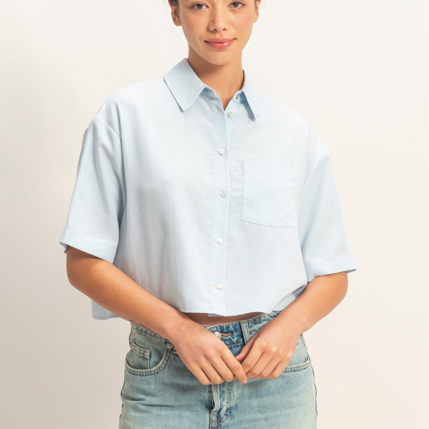 Wholesale Linen Blend Cropped Button-Up Shirt With Pocket Clothing Tops DZ26A583 ICE BLUE DOUBLE ZERO