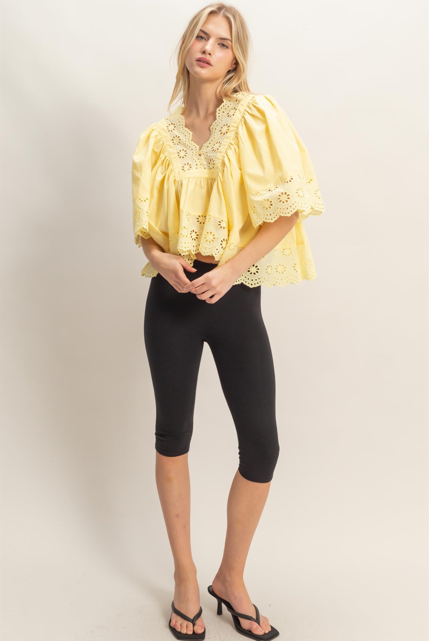 Wholesale Scalloped Eyelet Babydoll Top Clothing Tops HF26C293 YELLOW HYFVE