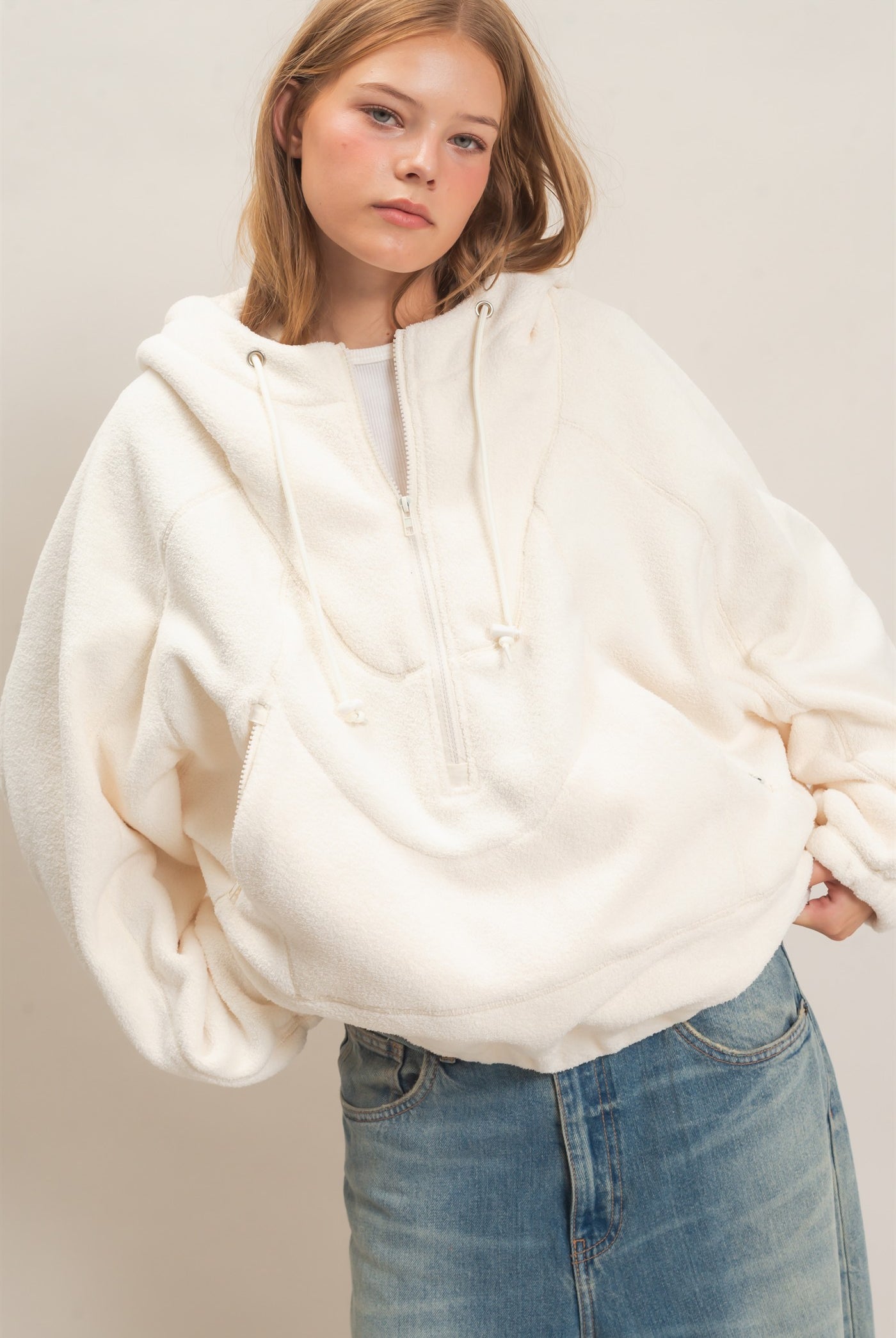 Wholesale Half-Zip Fleece Hoodie Hoodies HF26E561 WHIP CREAM HYFVE