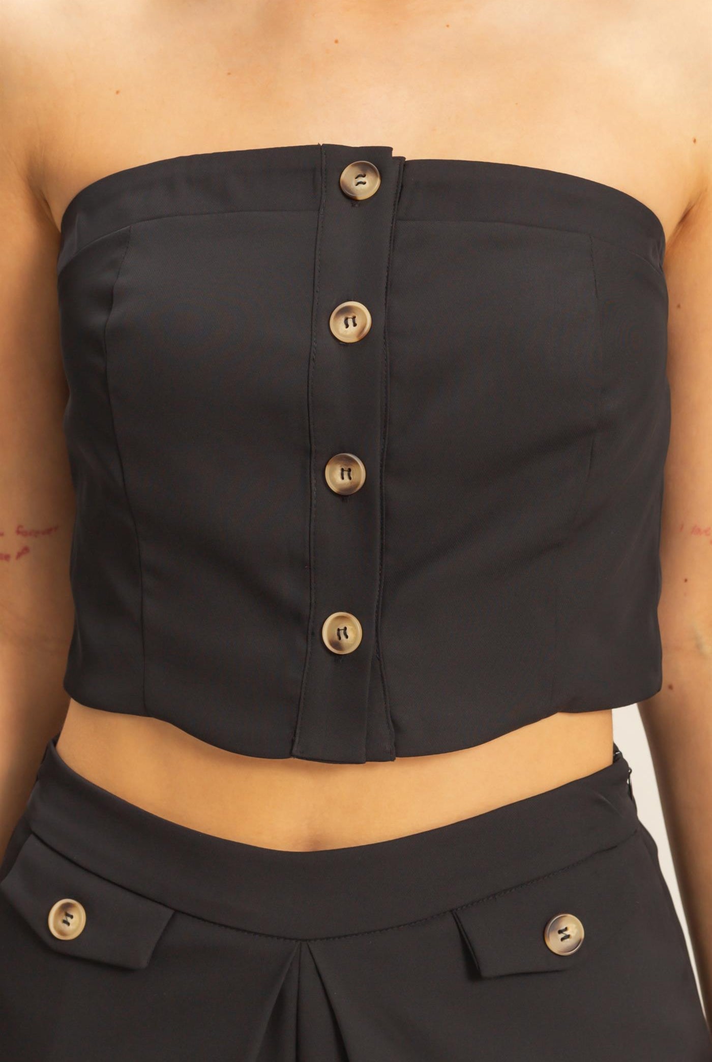 Wholesale Strapless Buttoned Top And Pants Set Clothing HF25E017-SET BLACK HYFVE