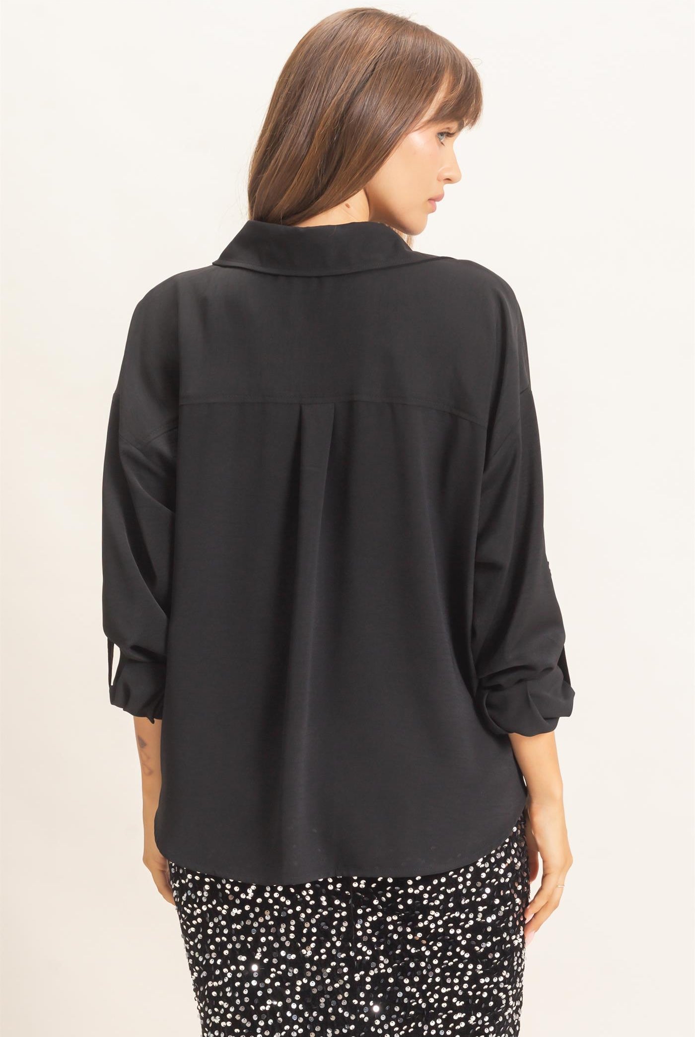 Wholesale Button-Up Dolman Sleeve Top Shirts HF26F070 BLACK HYFVE