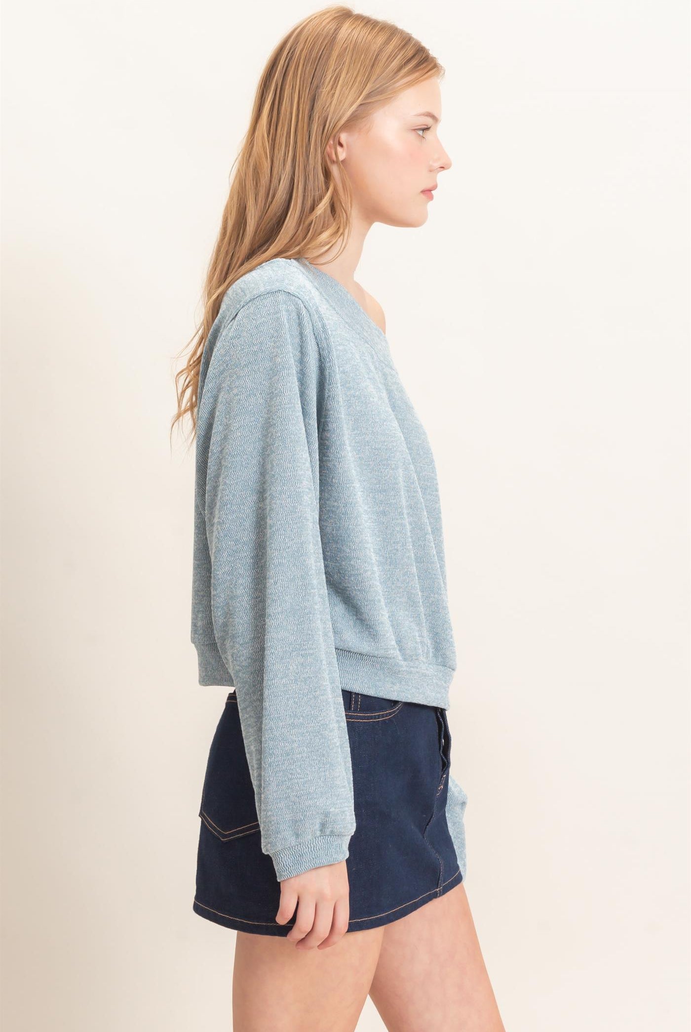 Wholesale Off Shoulder Knit Sweatshirt Blouses HF26F028 BLUE HYFVE