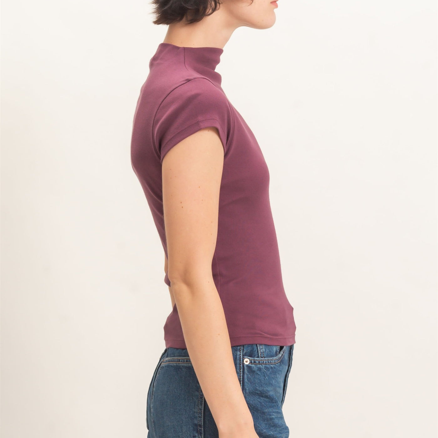 Wholesale Mock Neck Cap Sleeve Top Clothing Tops DZ26E323 DARK CHERRY DOUBLE ZERO
