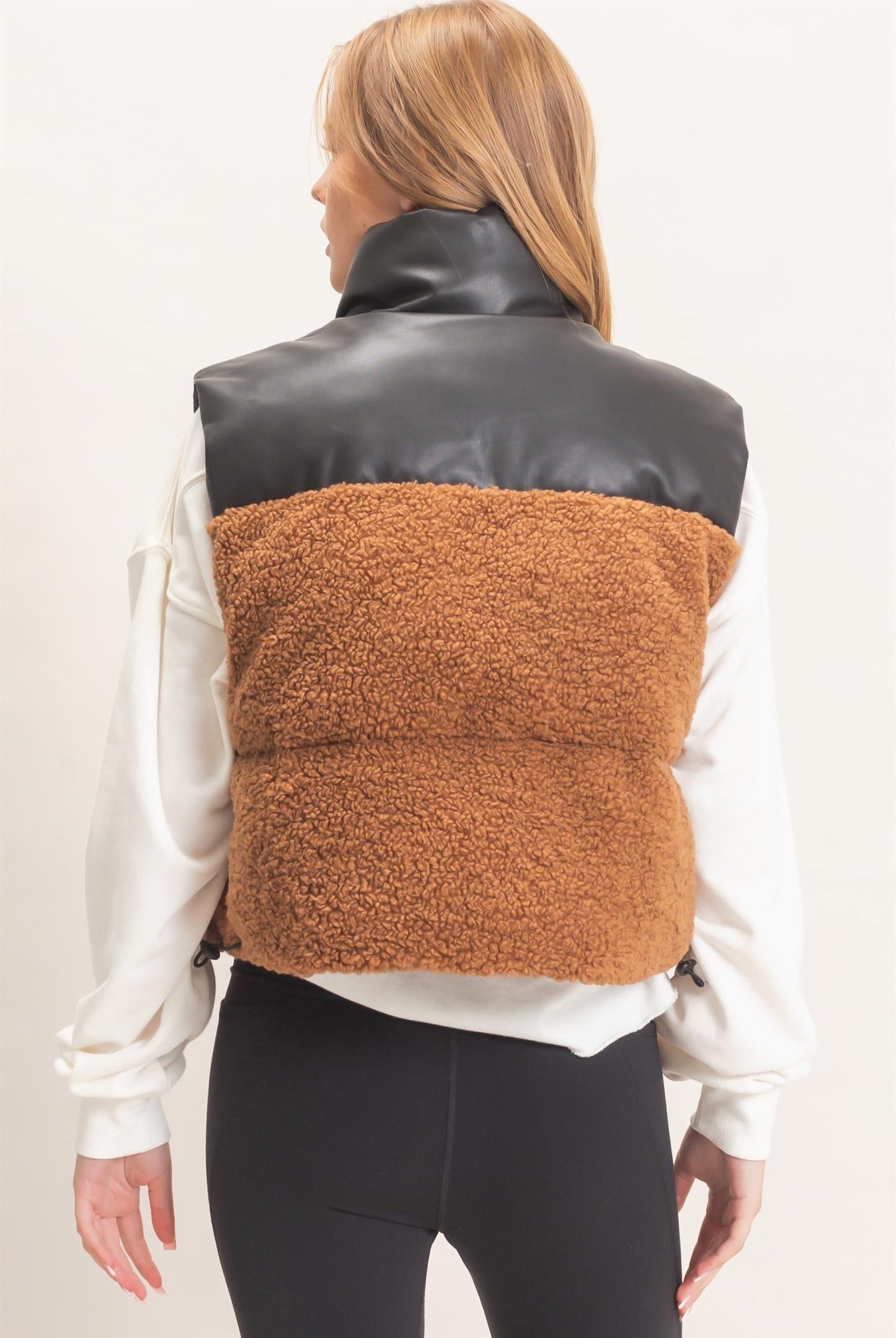 Wholesale Faux Fur & Pu Padded Vest Outerwear HF26F204 LIGHT BROWN HYFVE