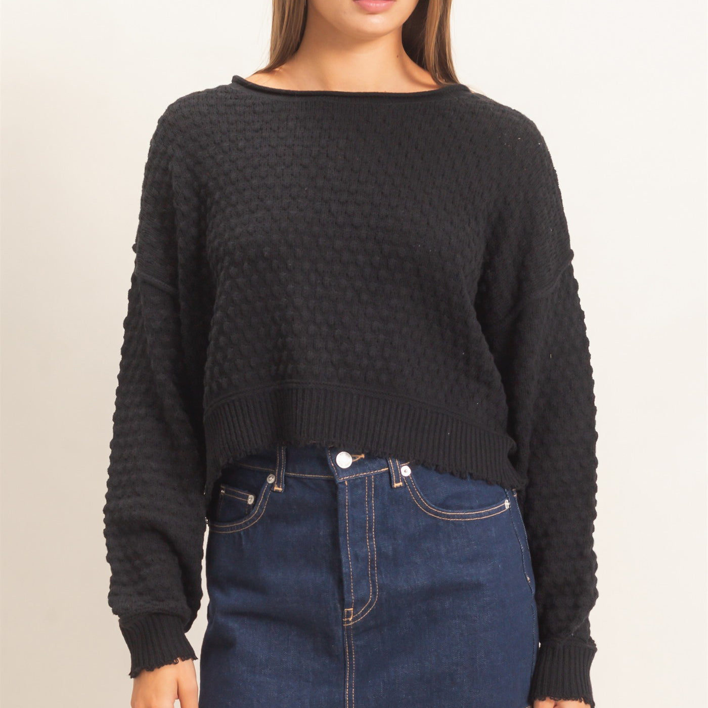 Wholesale Textured Boat Neck Sweater Sweaters DZ26E880 BLACK DOUBLE ZERO