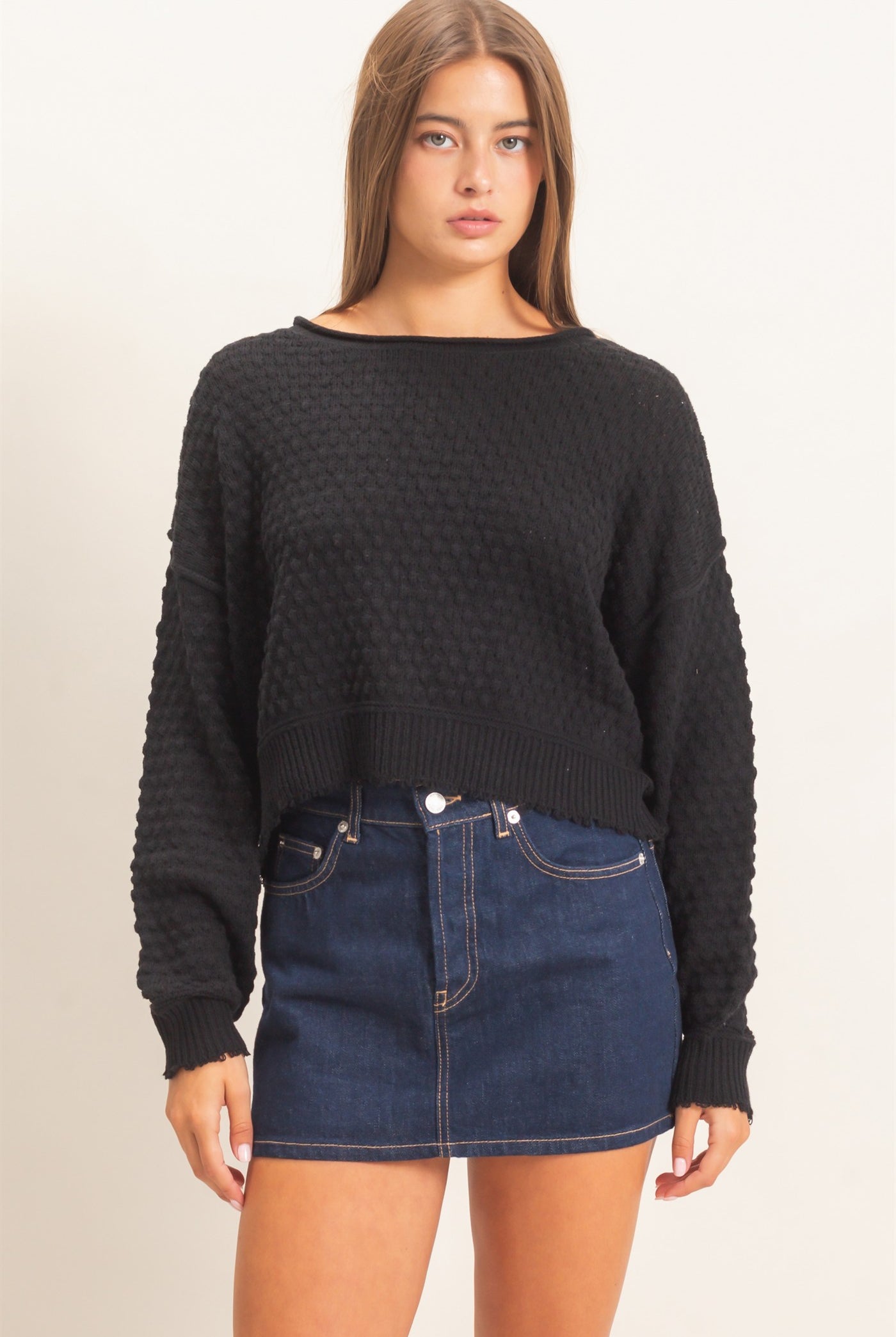 Wholesale Textured Boat Neck Sweater Sweaters DZ26E880 BLACK DOUBLE ZERO
