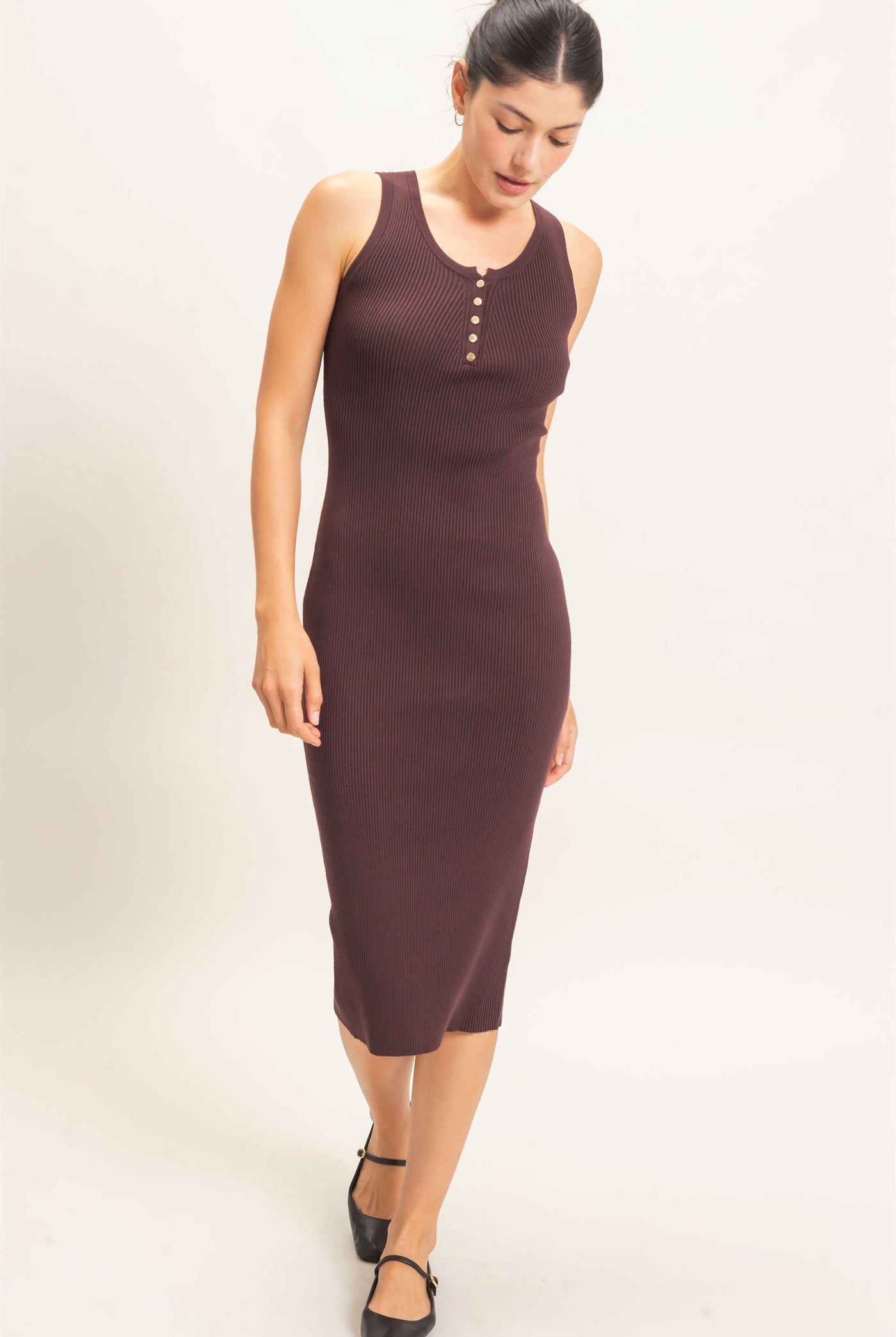 Wholesale Ribbed Button-Front Tank Dress Dresses HF26E218 BROWN HYFVE