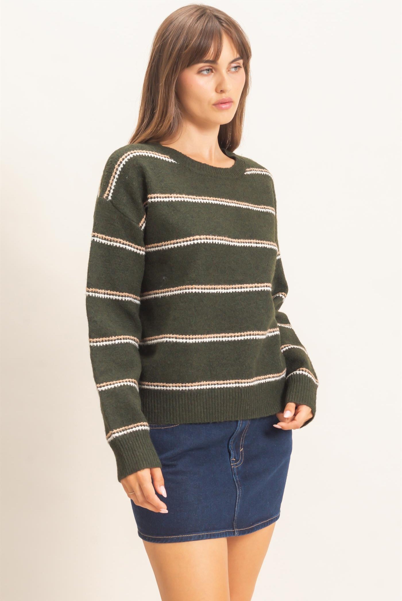 Wholesale Striped Crew Neck Sweater Sweaters HF26E696-D DARK OLIVE HYFVE