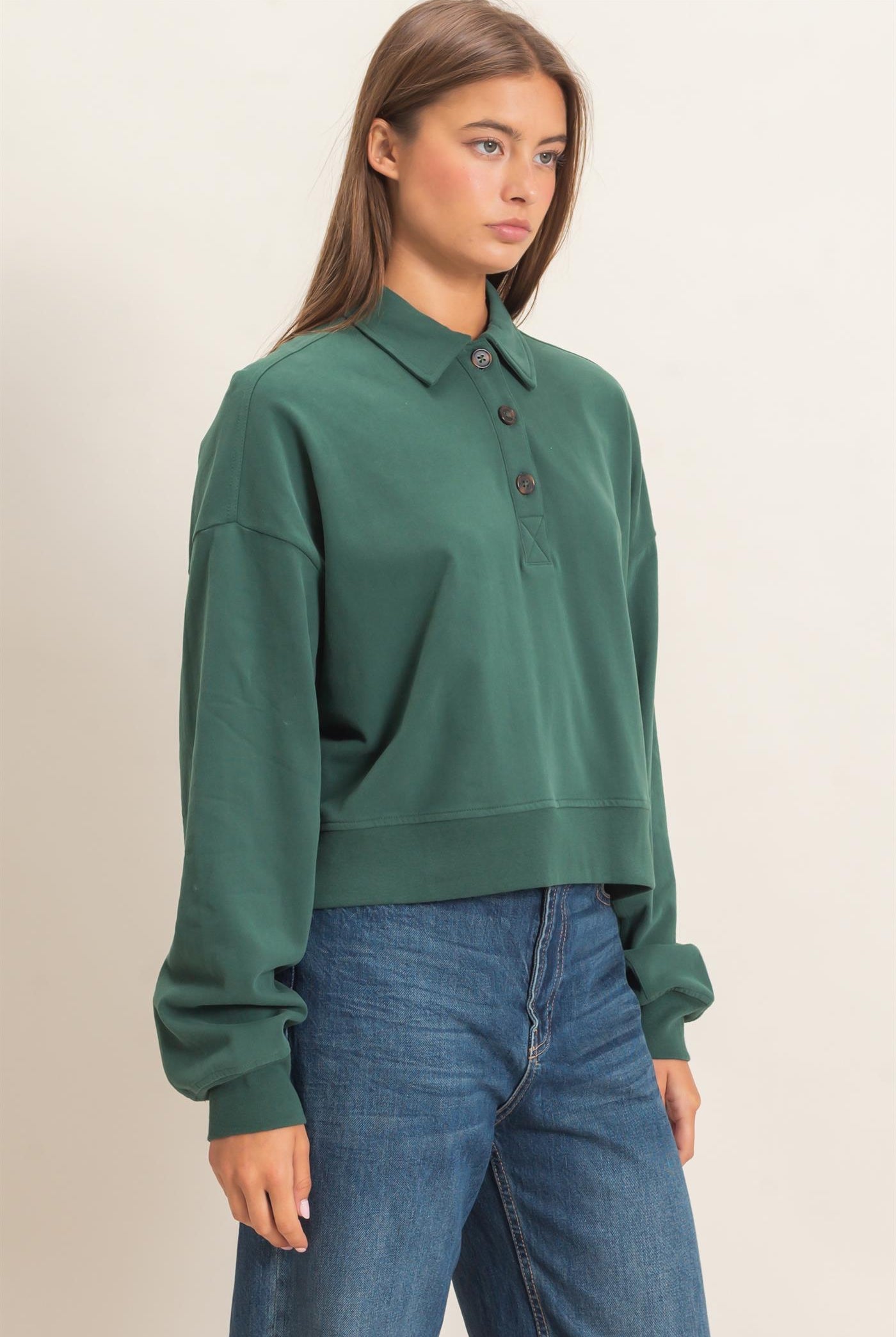 Wholesale Washed Button-Front Collared Sweatshirt Sweatshirts DZ26E390 DARK GREEN DOUBLE ZERO