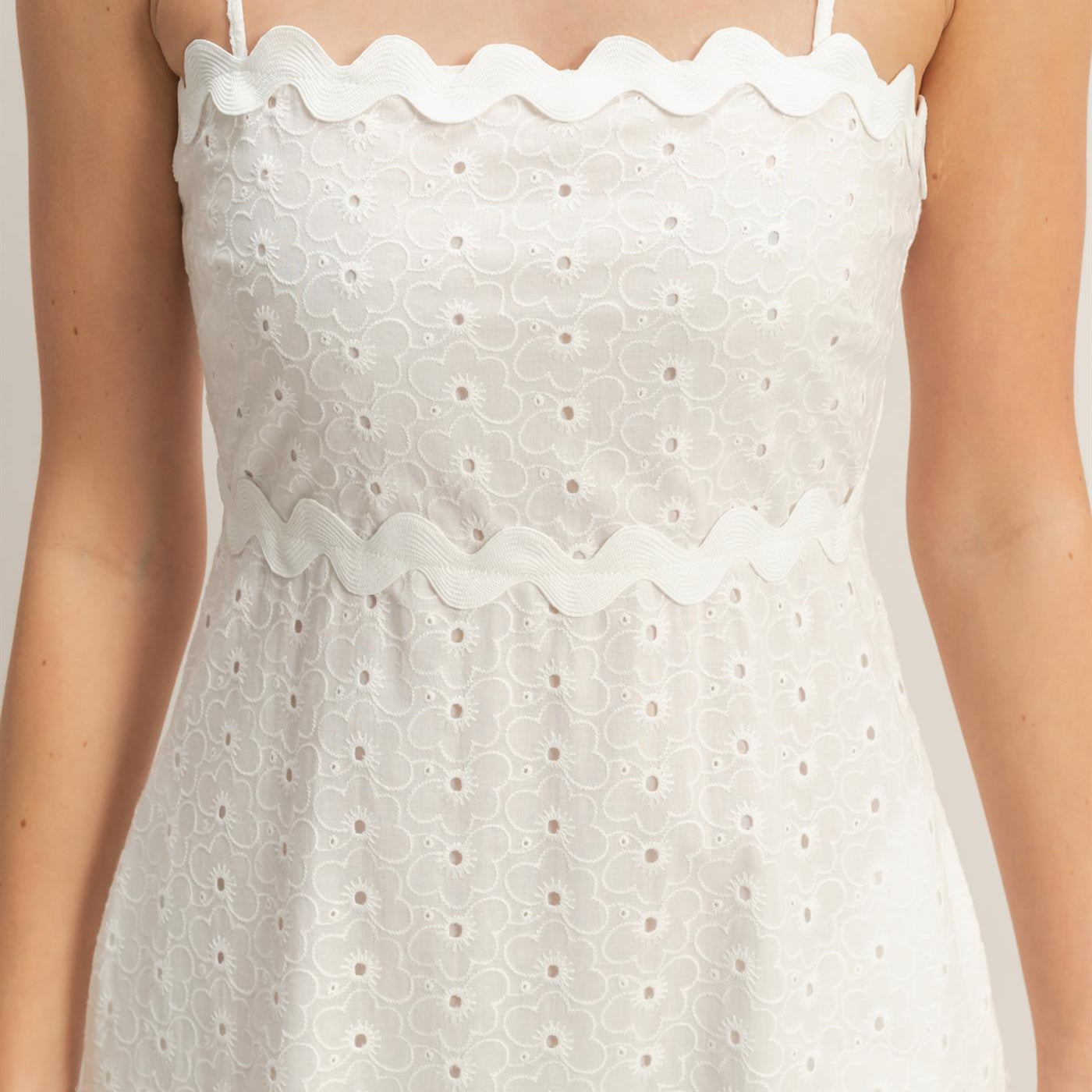 Wholesale Scallop Trim Eyelet Midi Dress Dresses HF26A694 WHITE HYFVE