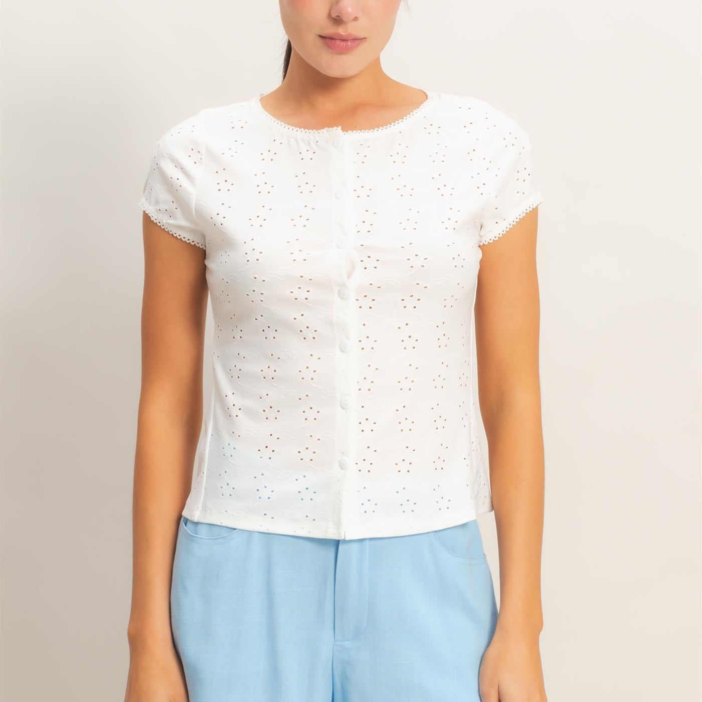 Wholesale Eyelet Button Front Knit Top Clothing Tops HF26C094 OFF WHITE HYFVE