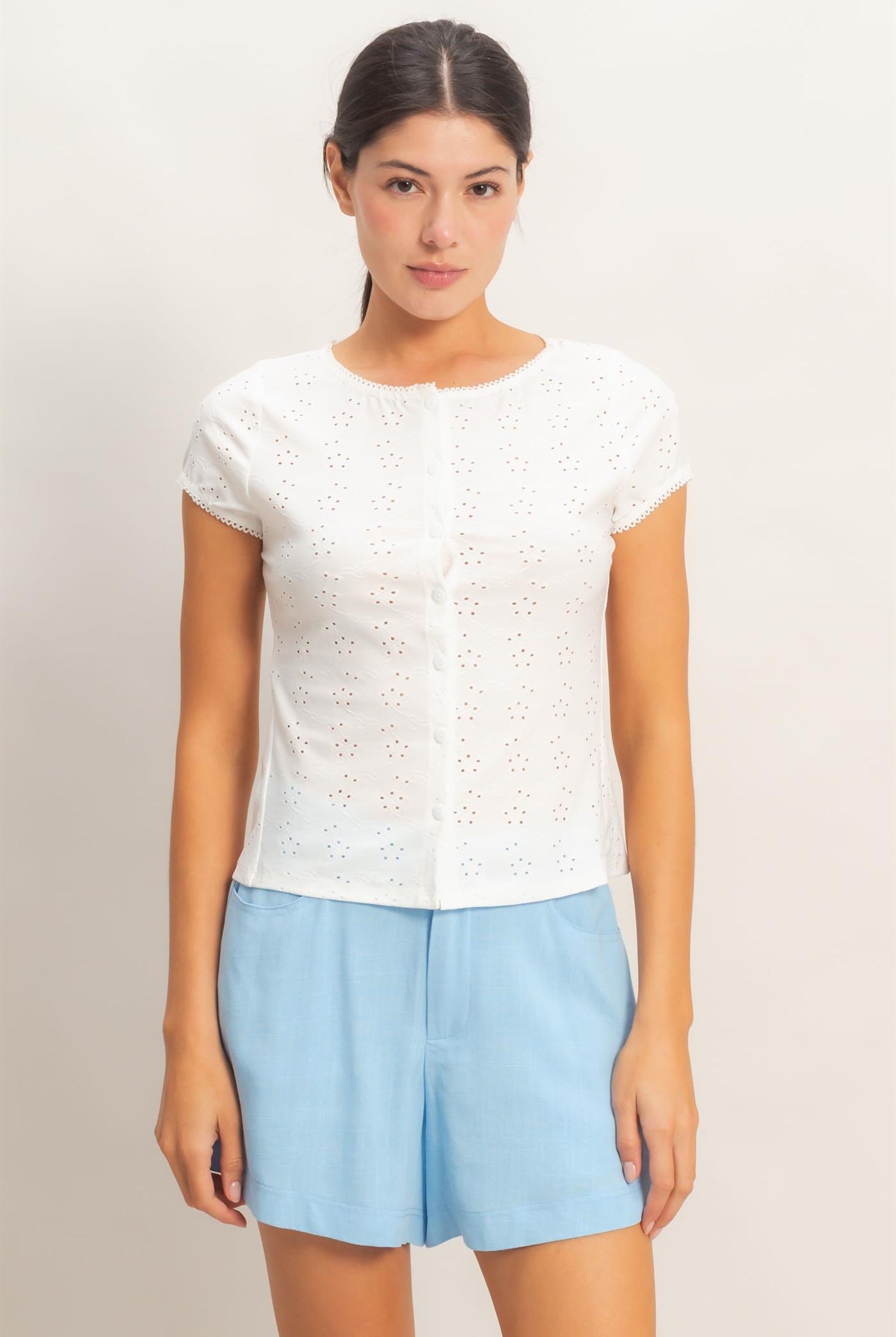 Wholesale Eyelet Button Front Knit Top Clothing Tops HF26C094 OFF WHITE HYFVE