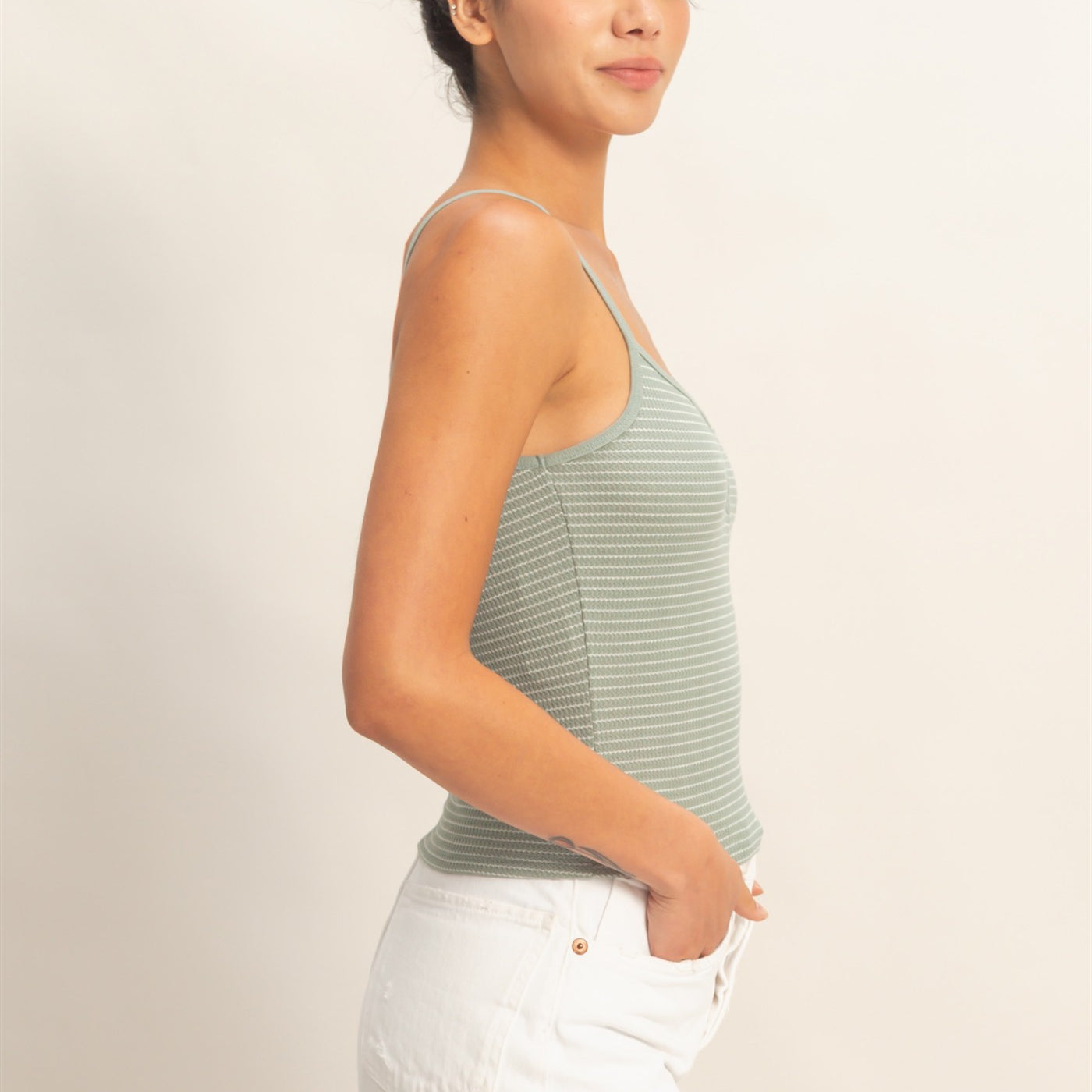 Wholesale Striped Snap-Button Henley Cami Top Camisoles DZ26A885 SAGE GREEN DOUBLE ZERO