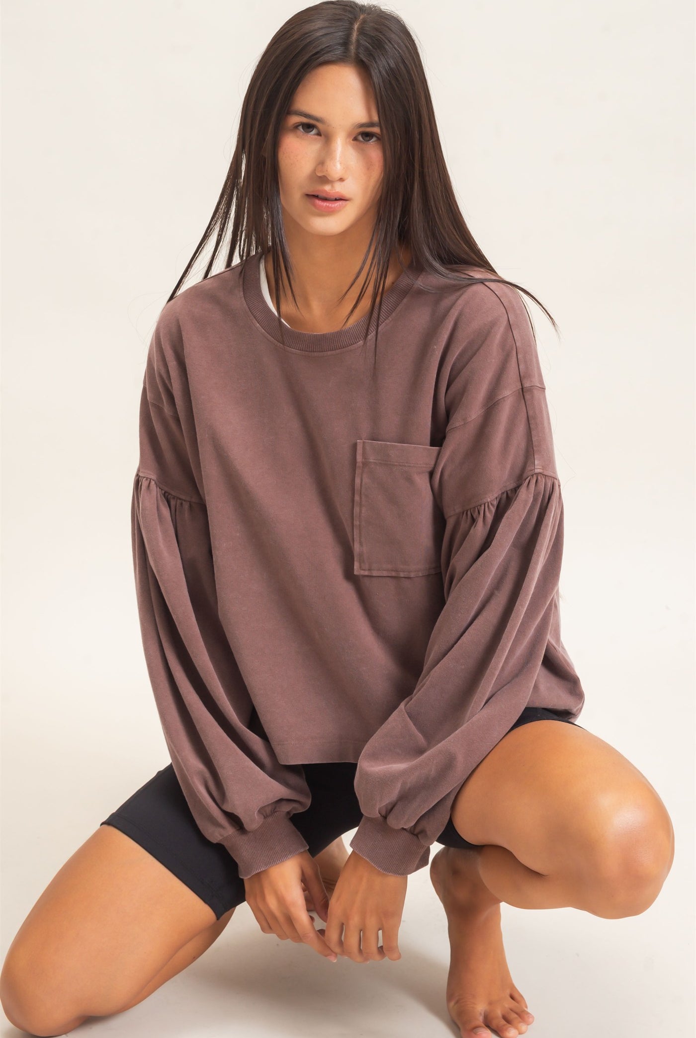 Wholesale Mineral Wash Puff Long Sleeve Boxy Top Clothing Tops DZ26F402 DARK BROWN DOUBLE ZERO