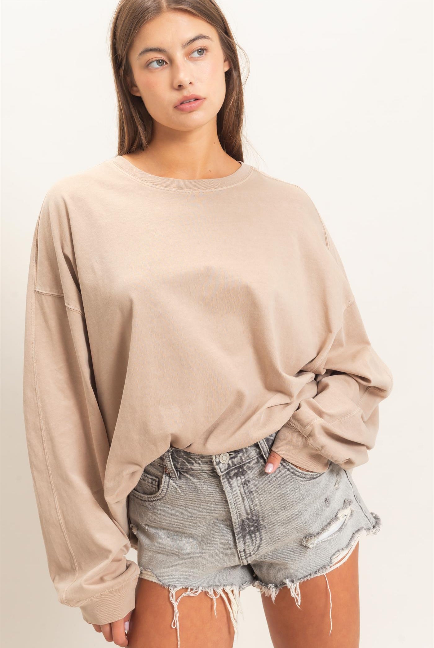 Wholesale Pigment Dye Oversized Long Sleeve Top Clothing Tops DZ26A825 TAUPE DOUBLE ZERO