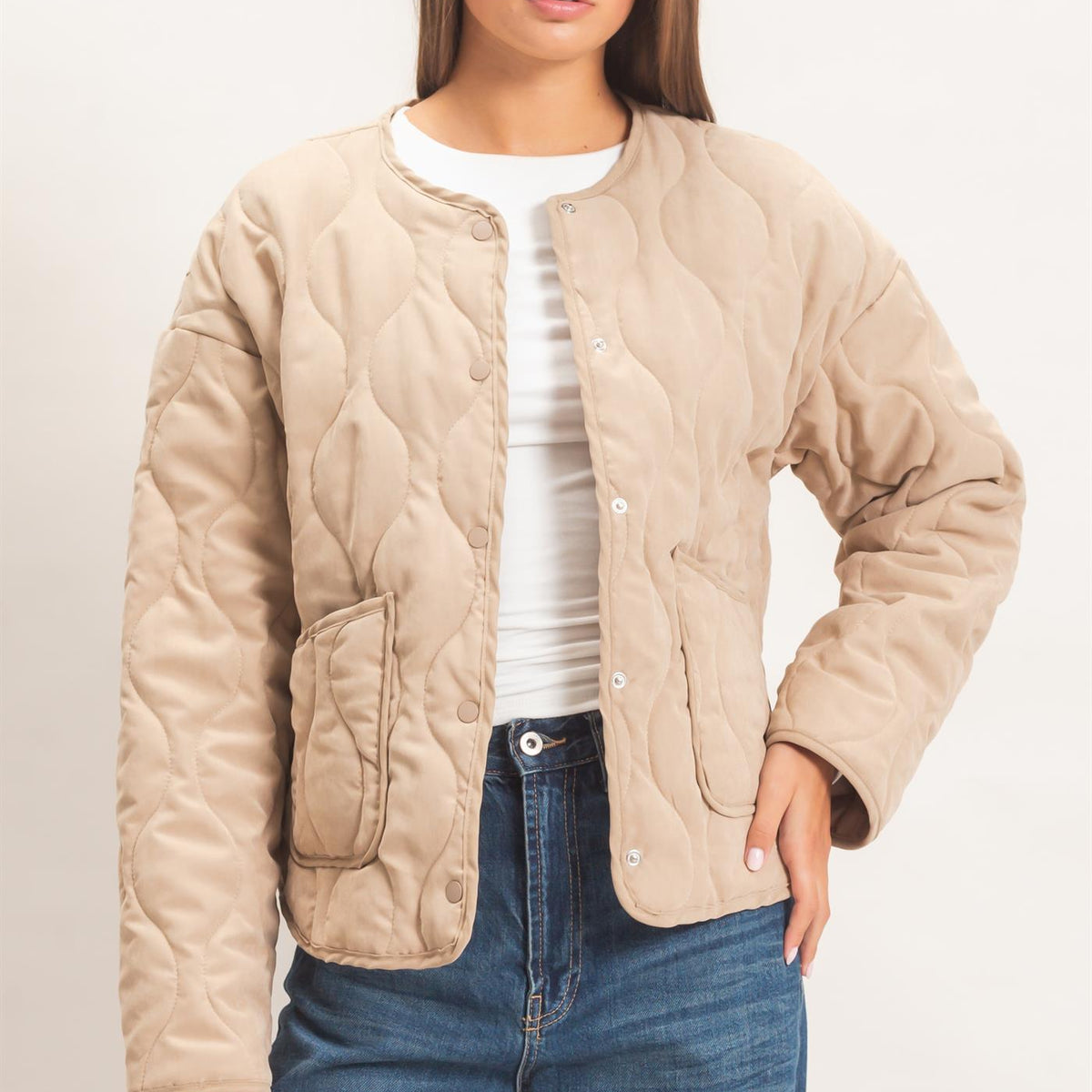 Wholesale Quilted Button Front Jacket Coats & Jackets DZ26F254 TAUPE DOUBLE ZERO