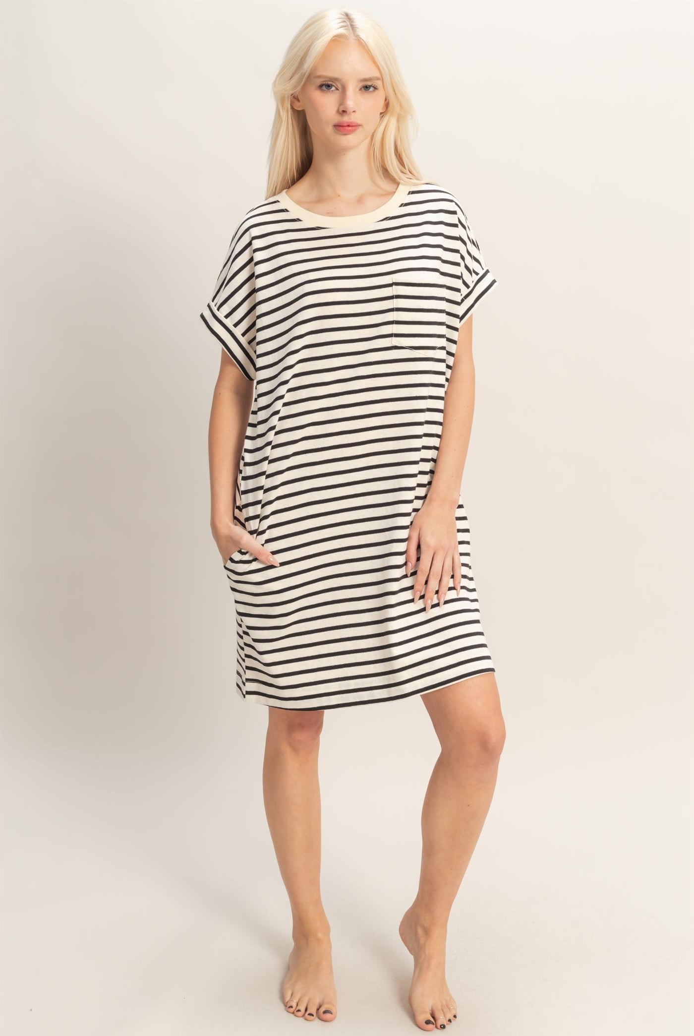 Wholesale Striped T-Shirt Mini Dress Dresses DZ26C067 BLACK DOUBLE ZERO