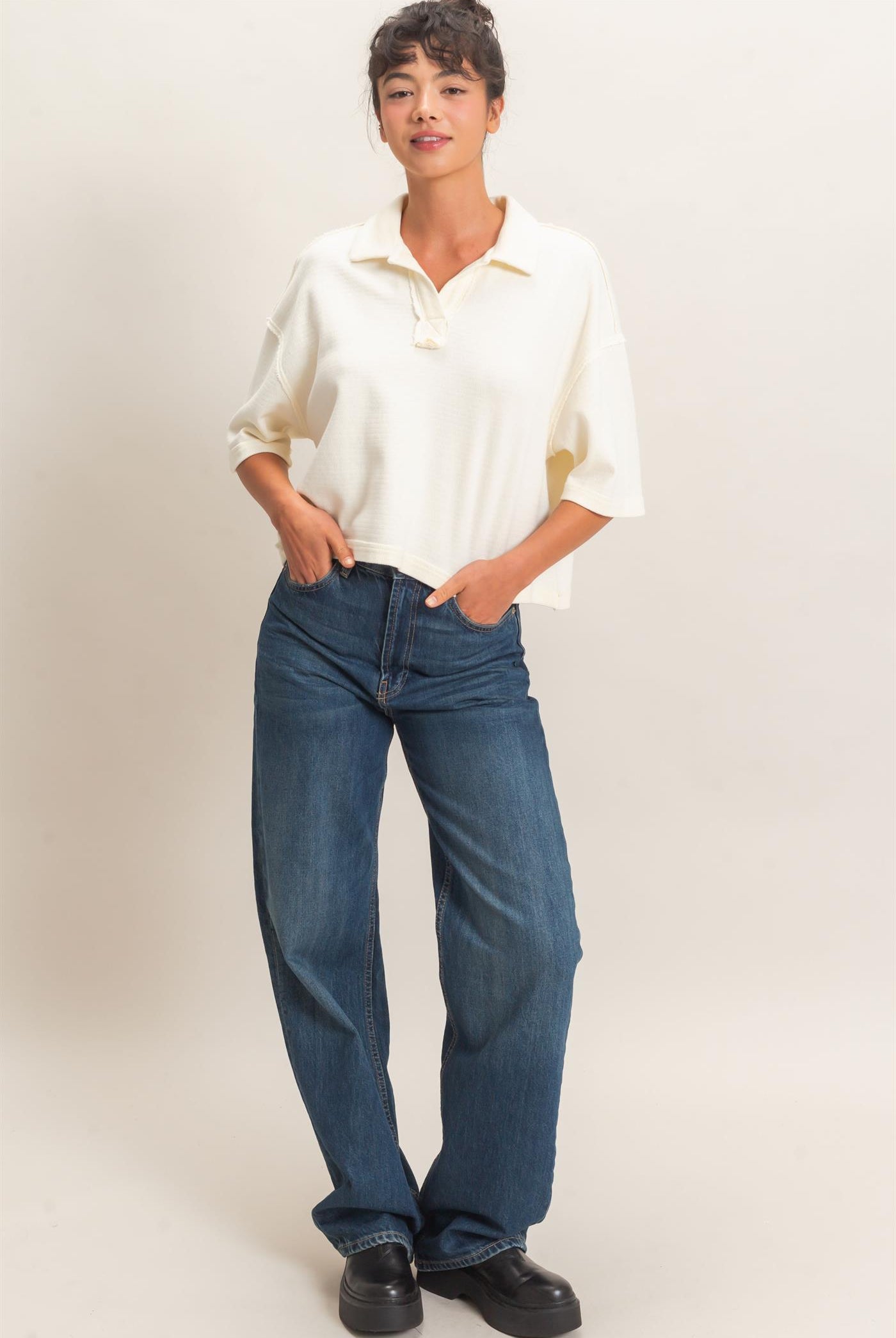 Wholesale Mineral Wash Oversized Collar Short Sleeve Top Clothing Tops DZ26E813 CREAM DOUBLE ZERO