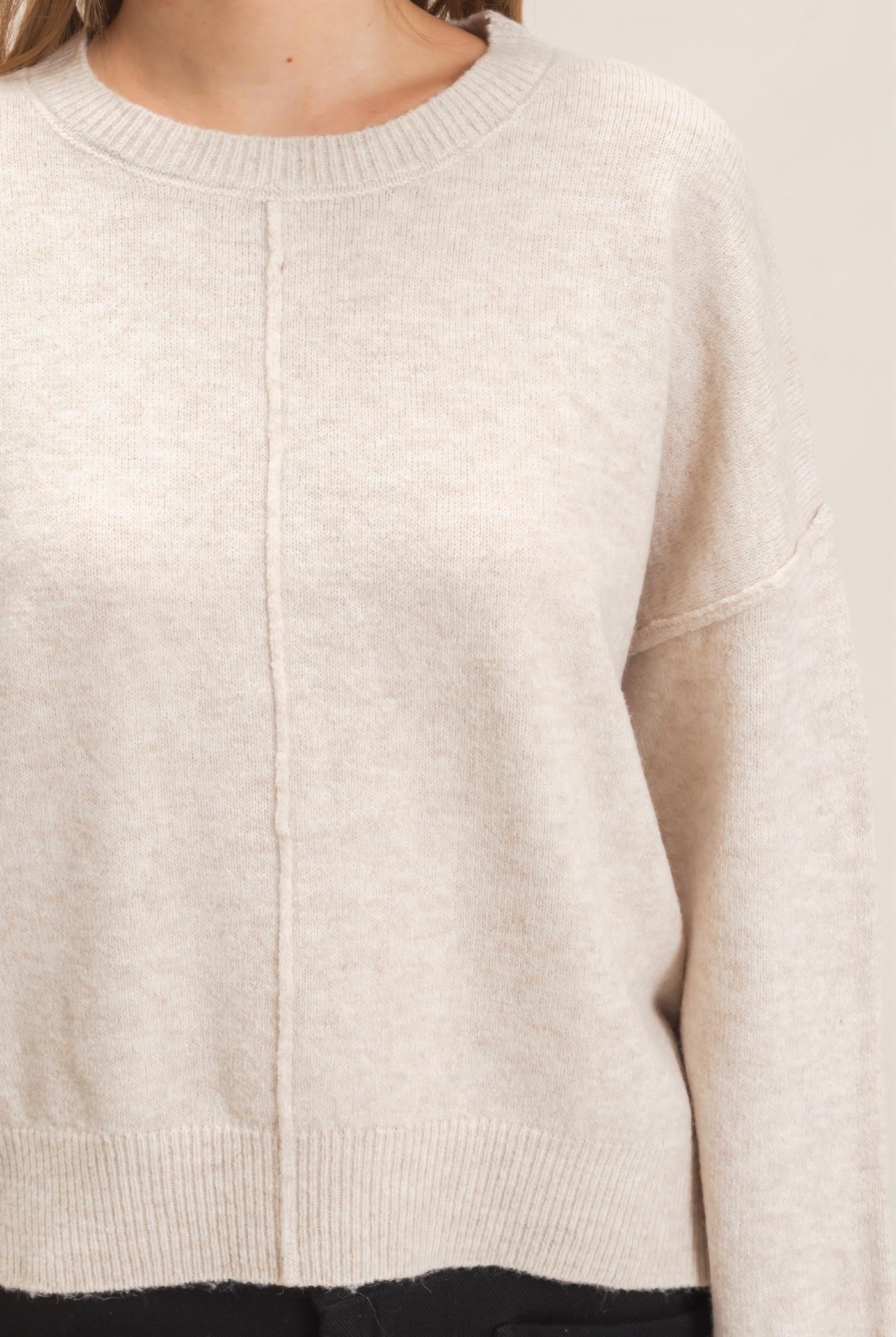 Wholesale Crew Neck Sweater With Ribbed Hem Sweaters HF26E203-D OATMEAL HYFVE