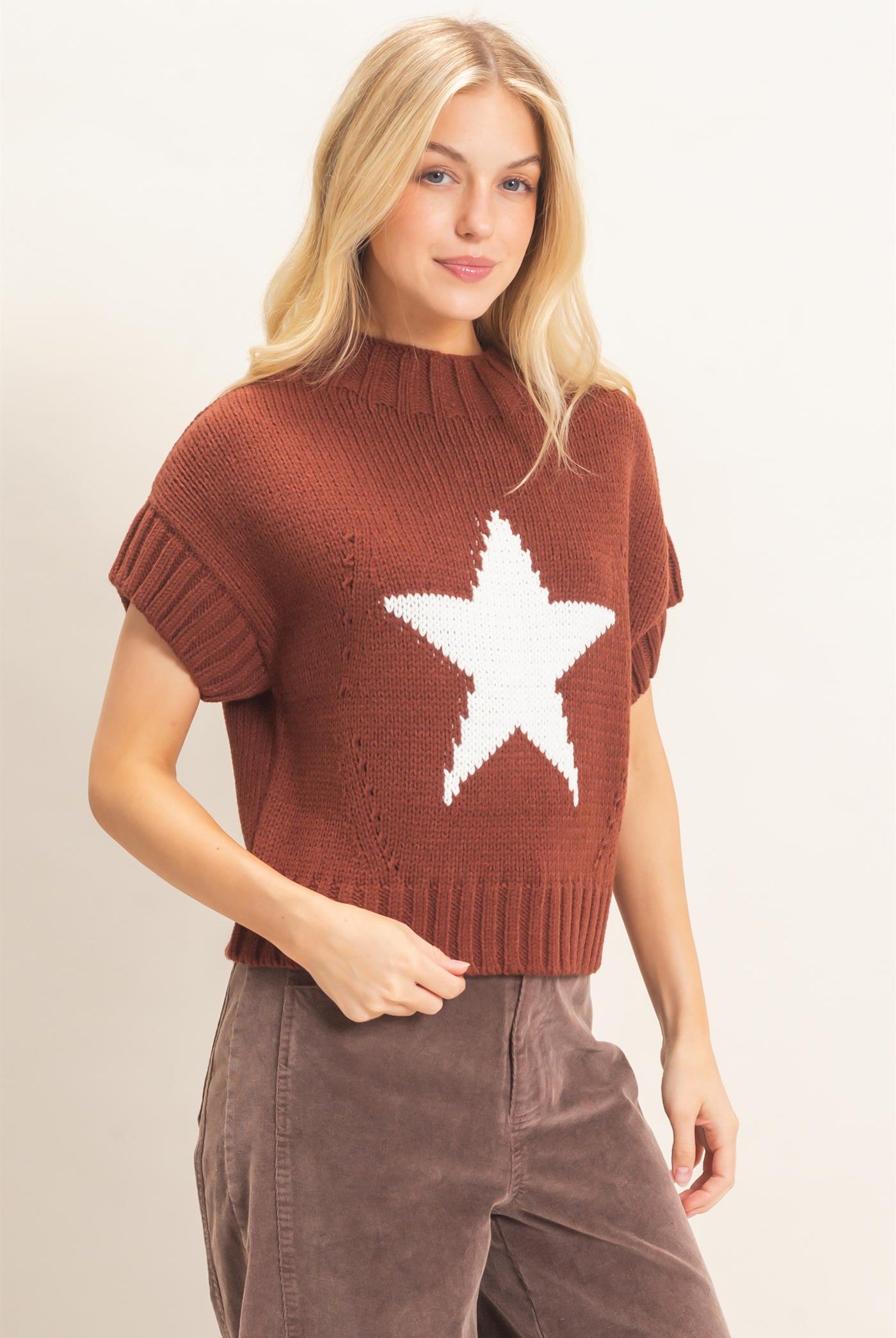 Wholesale Star Pattern Ribbed Sweater Sweaters HF26E051 CHOCOLATE HYFVE