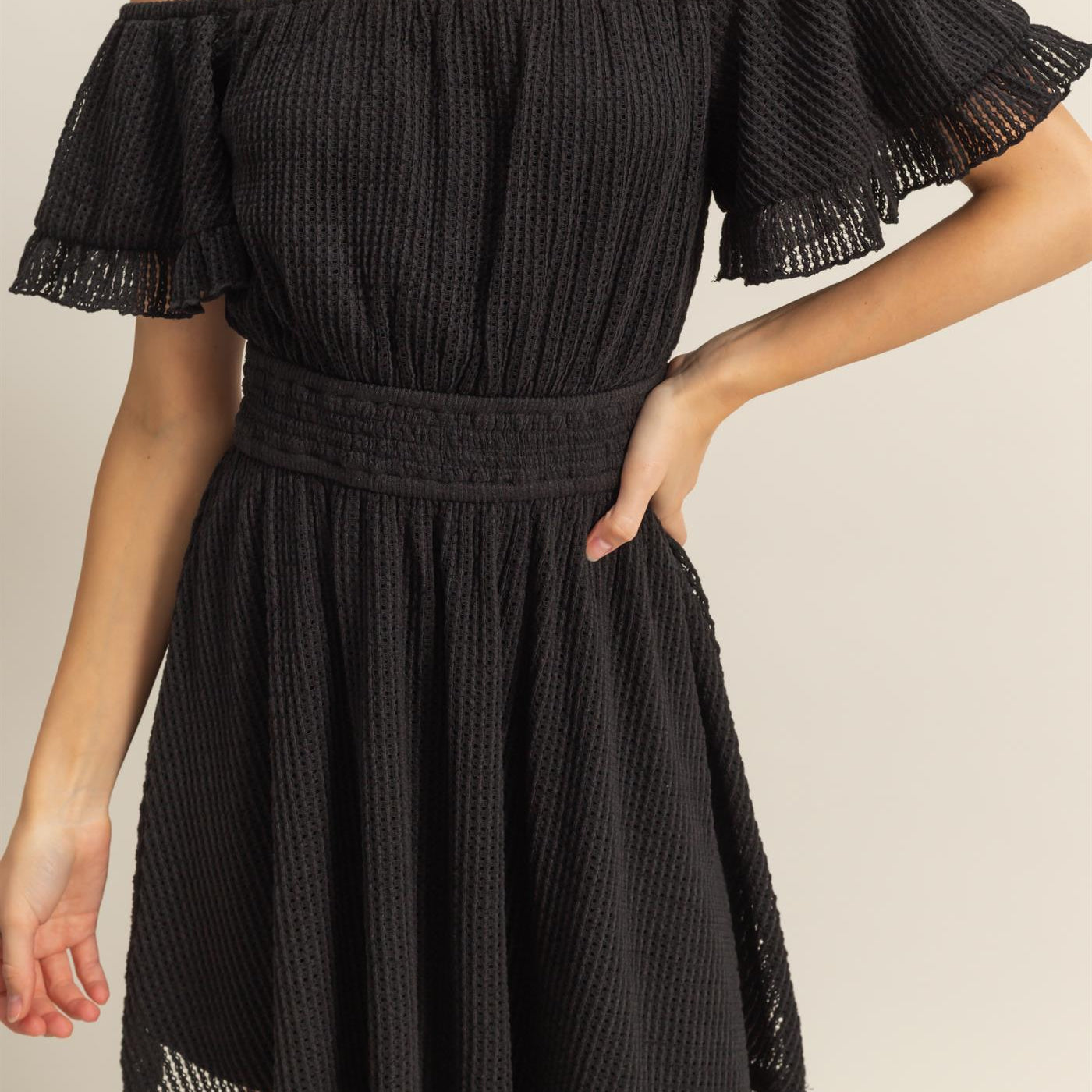 Wholesale Crochet Off-The-Shoulder Mini Dress Dresses HF25E125 BLACK HYFVE