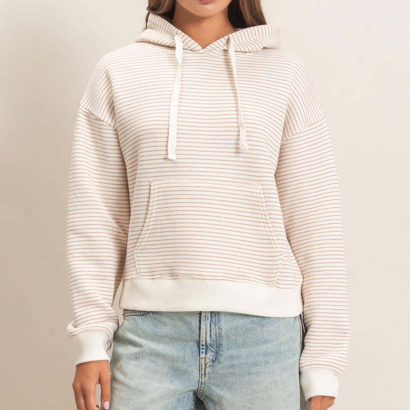 Wholesale Striped French Terry Hoodie Hoodies DZ26C619 DARK TAUPE DOUBLE ZERO
