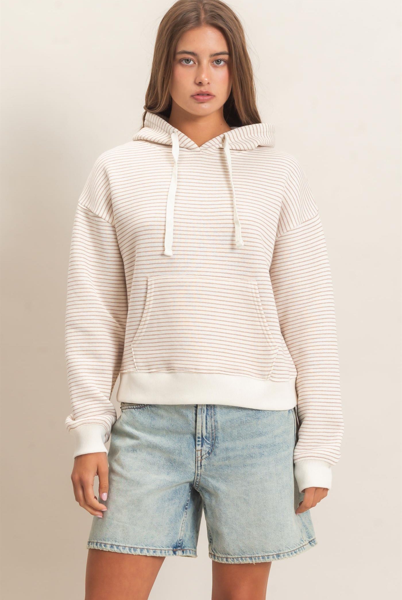 Wholesale Striped French Terry Hoodie Hoodies DZ26C619 DARK TAUPE DOUBLE ZERO