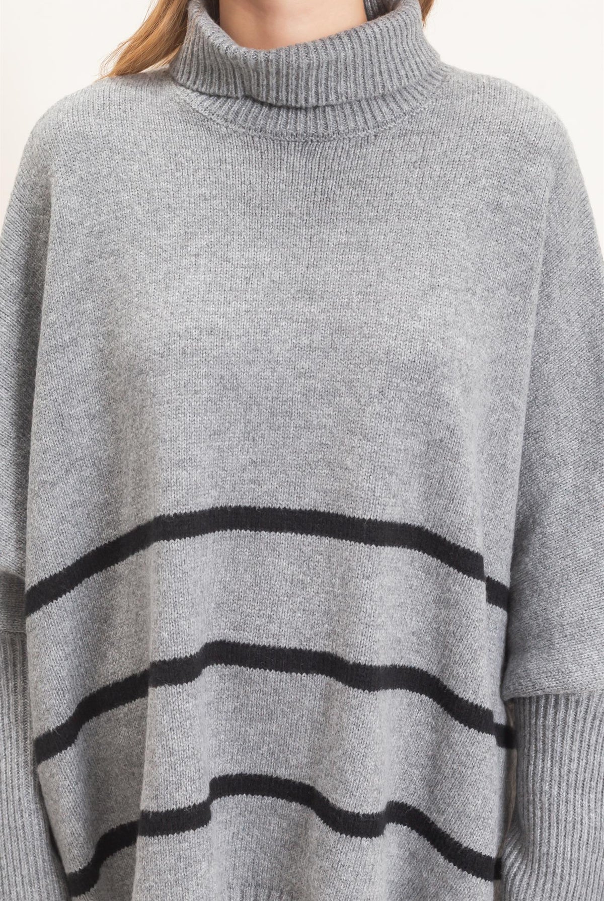 Wholesale Striped Turtleneck Poncho Sweater Sweaters HF26F194 HEATHER GRAY HYFVE