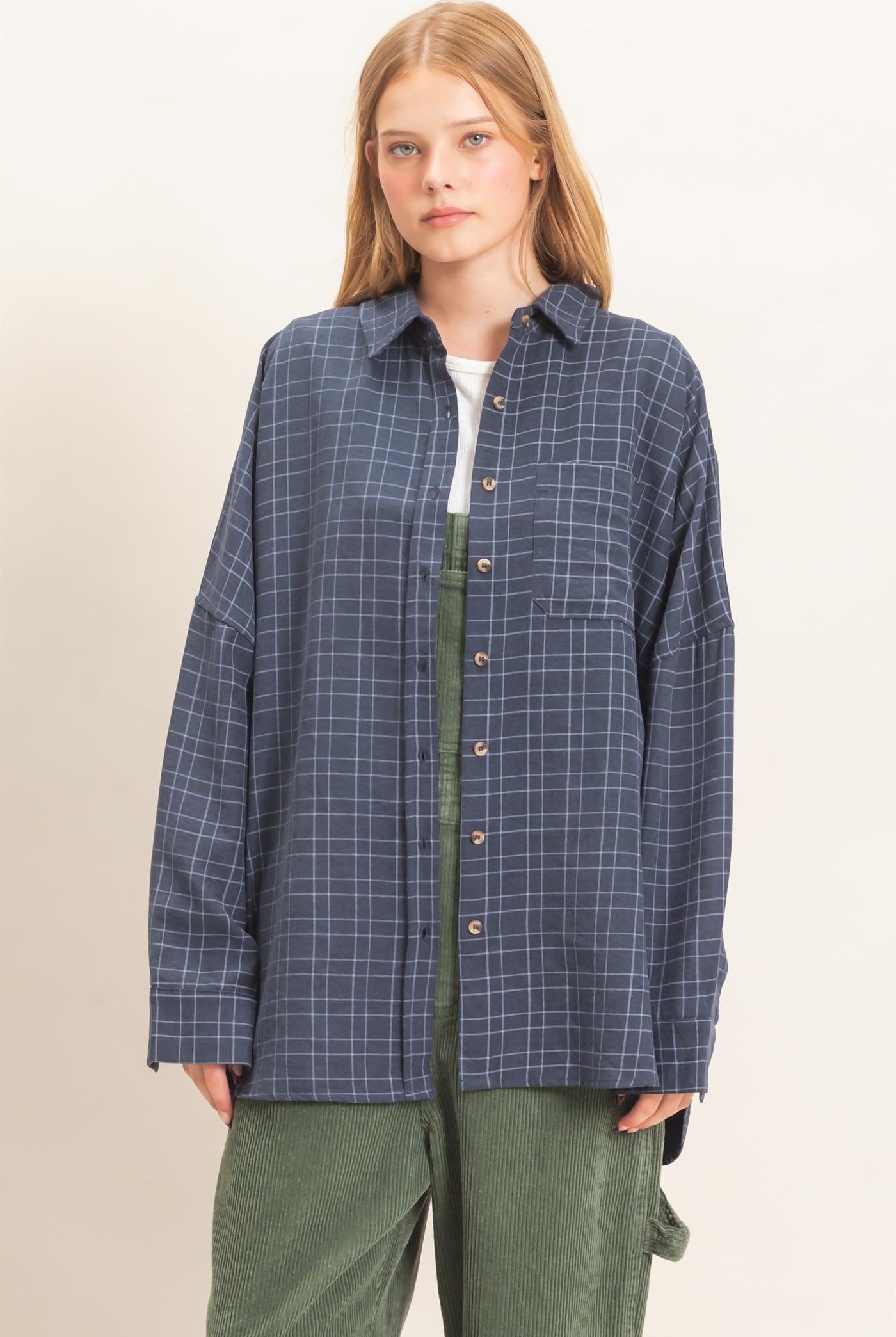 Wholesale Plaid Button-Up Shirt Shirts HF26E734 NAVY HYFVE