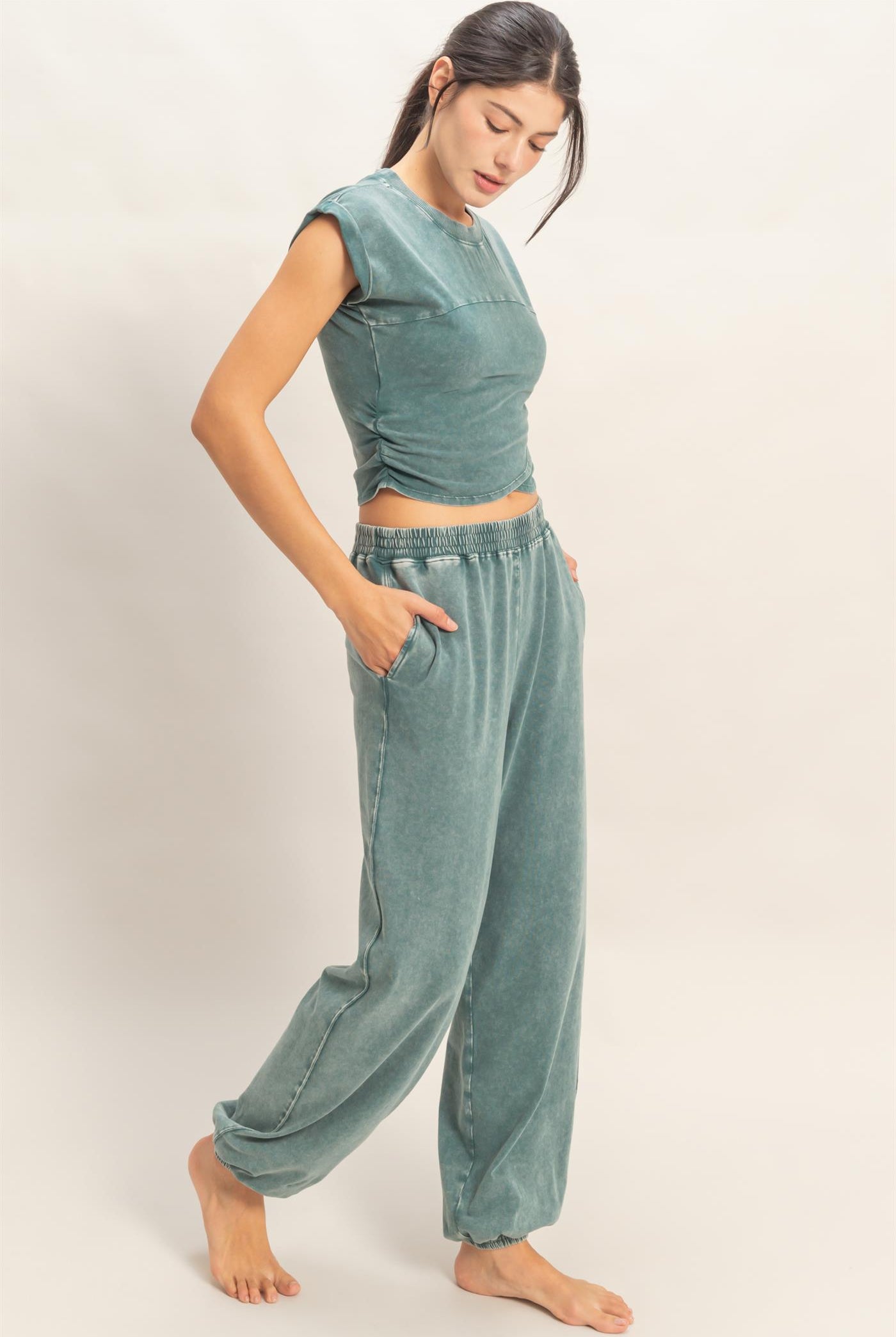Wholesale Rolled Sleeve Wrap-Front Crop Top And Jogger Set Clothing DZ26A172-SET DARK TEAL DOUBLE ZERO