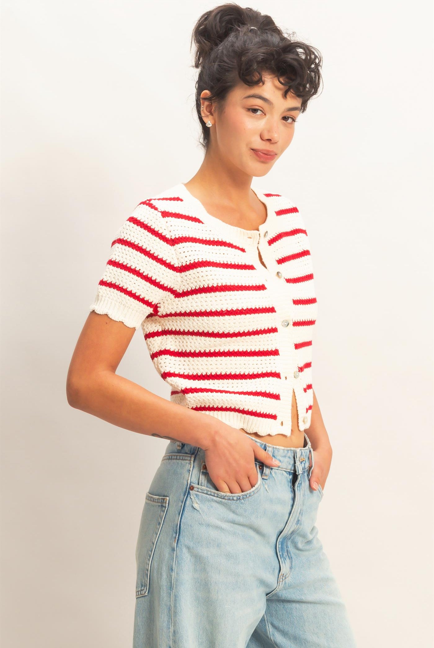 Wholesale Striped Short Sleeve Cardigan With Scallop Edge Cardigans DZ26A605 RED DOUBLE ZERO
