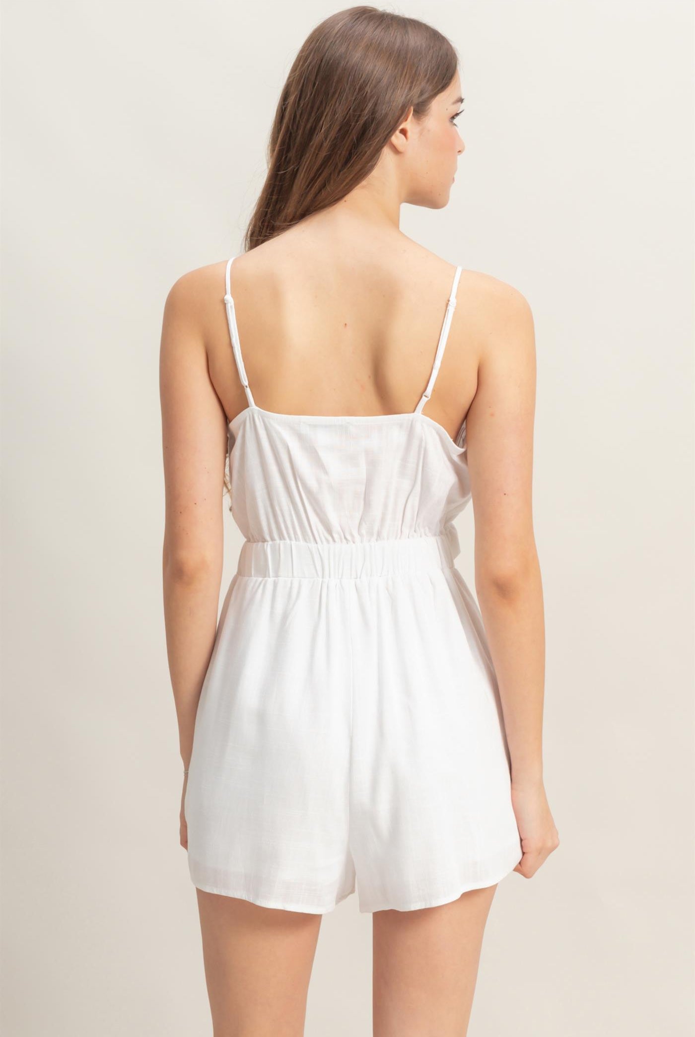 Wholesale Plunging V-Neck Cutout Linen Romper Clothing HF25A248 WHITE HYFVE