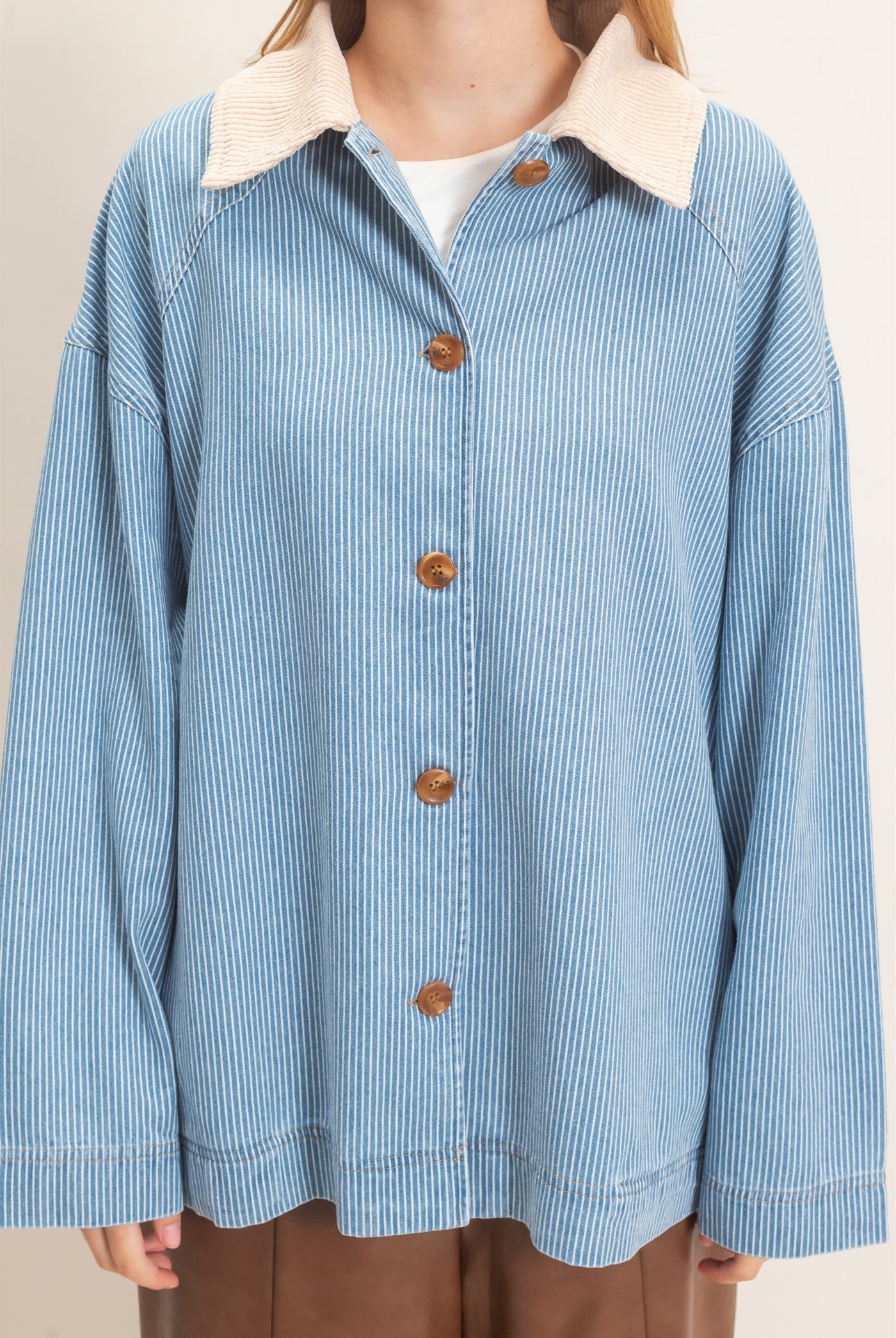 Wholesale Pinstripe Denim Jacket Coats & Jackets HF26C006 LIGHT DENIM HYFVE