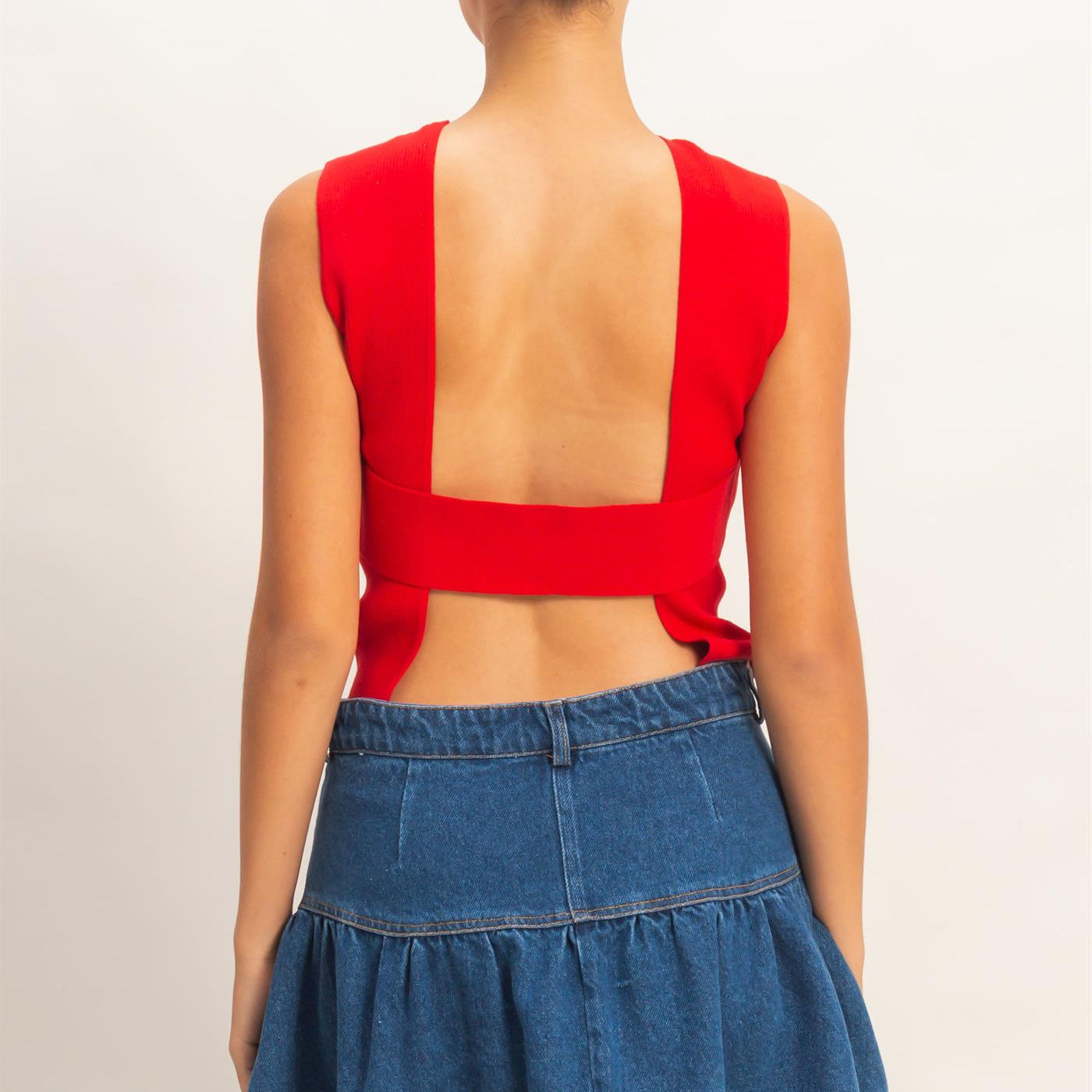 Wholesale Ribbed Crew Neck Sleeveless Open Back Top Clothing Tops DZ26C692 RED DOUBLE ZERO