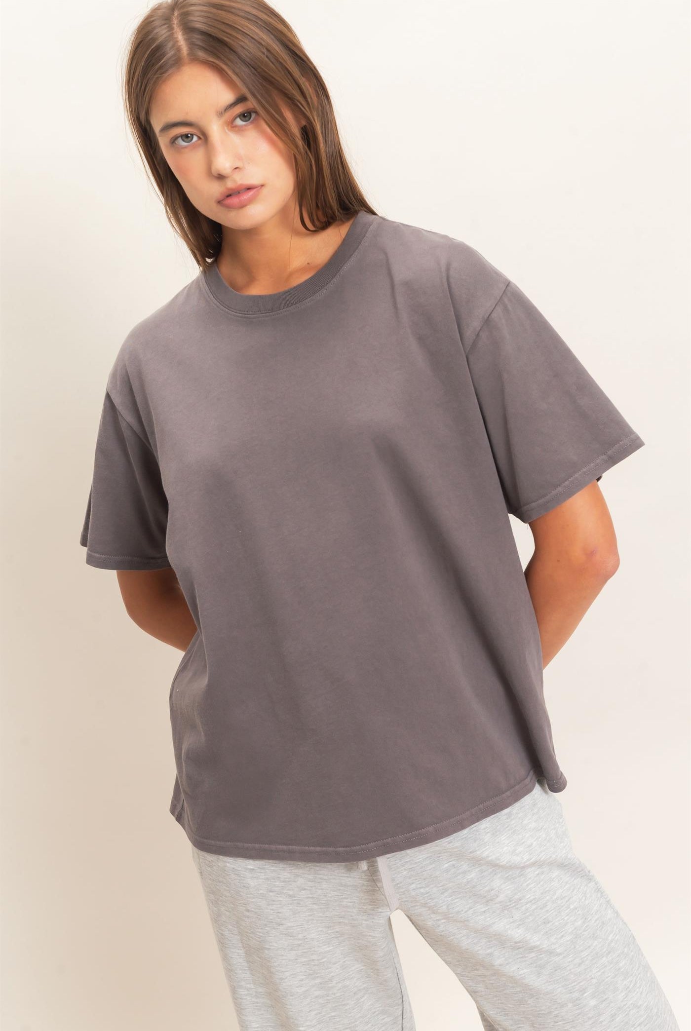 Wholesale Crew Neck Pigment Dye T-Shirt Clothing Tops DZ26E448 CHARCOAL DOUBLE ZERO