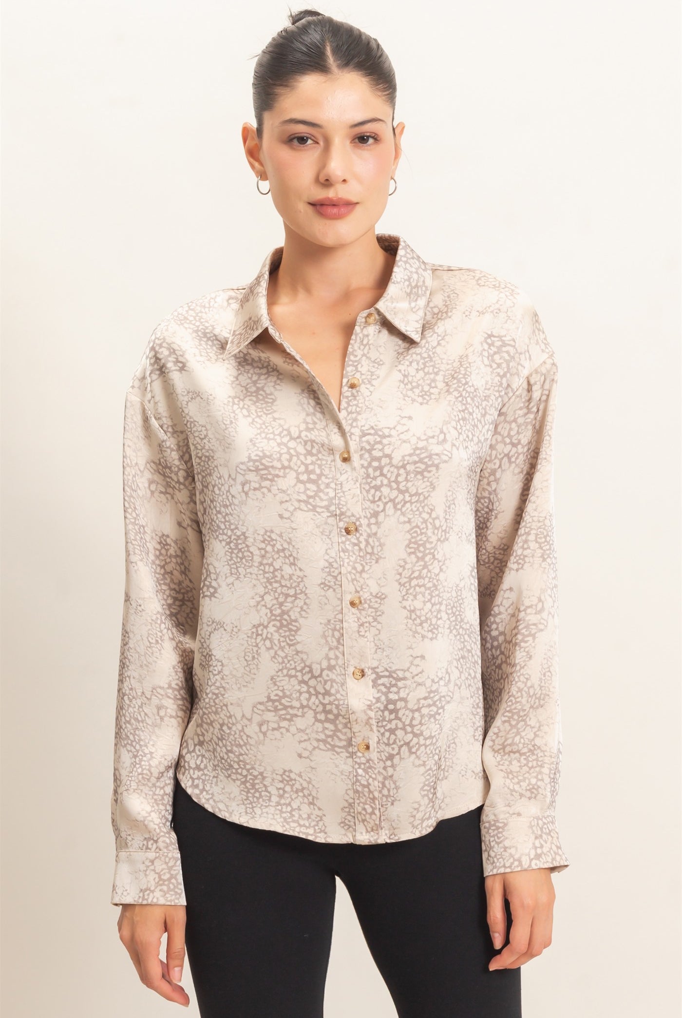 Wholesale Leopard Satin Button-Up Shirt Clothing Tops HF26E159 TAUPE HYFVE