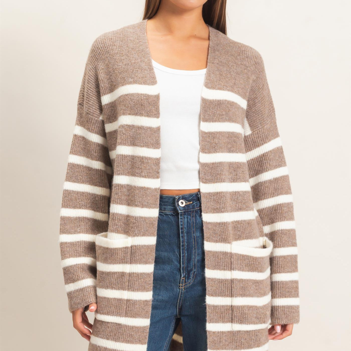 Wholesale Open Front Stripe Cardigan Cardigans DZ26C342 DARK TAUPE DOUBLE ZERO