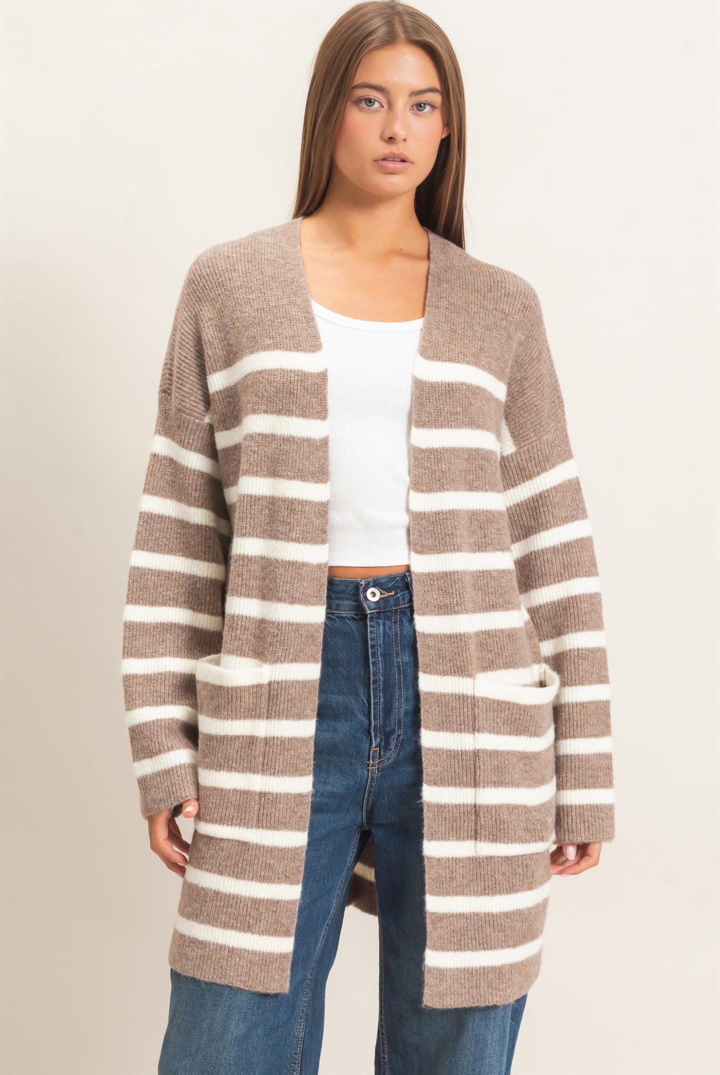 Wholesale Open Front Stripe Cardigan Cardigans DZ26C342 DARK TAUPE DOUBLE ZERO